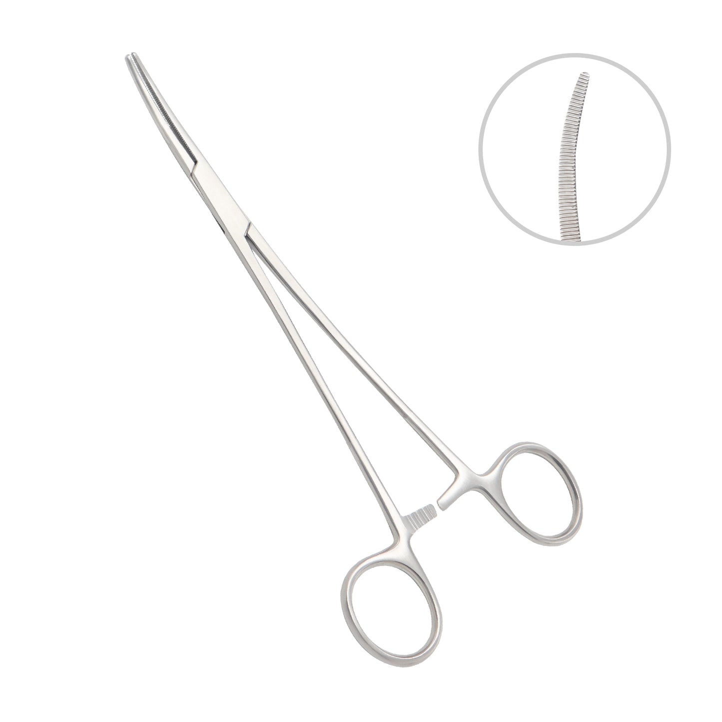 Straight Rochester-Rankin hemostatic artery forceps made of medical-grade stainless steel, featuring horizontal jaw serrations, a locking ratchet mechanism, and finger-ring handles for surgical vessel clamping.