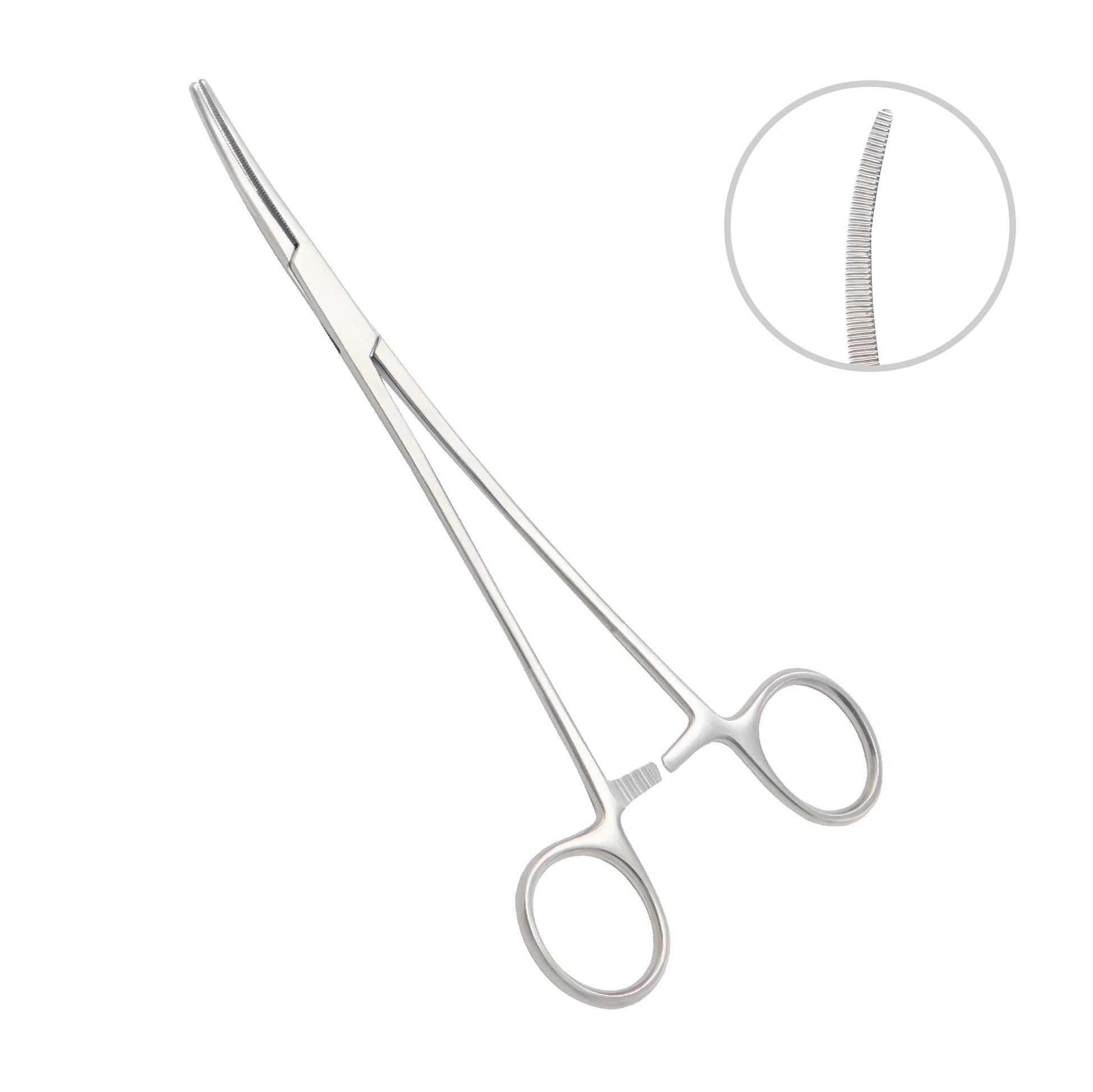 Straight Rochester-Rankin hemostatic artery forceps made of medical-grade stainless steel, featuring horizontal jaw serrations, a locking ratchet mechanism, and finger-ring handles for surgical vessel clamping.