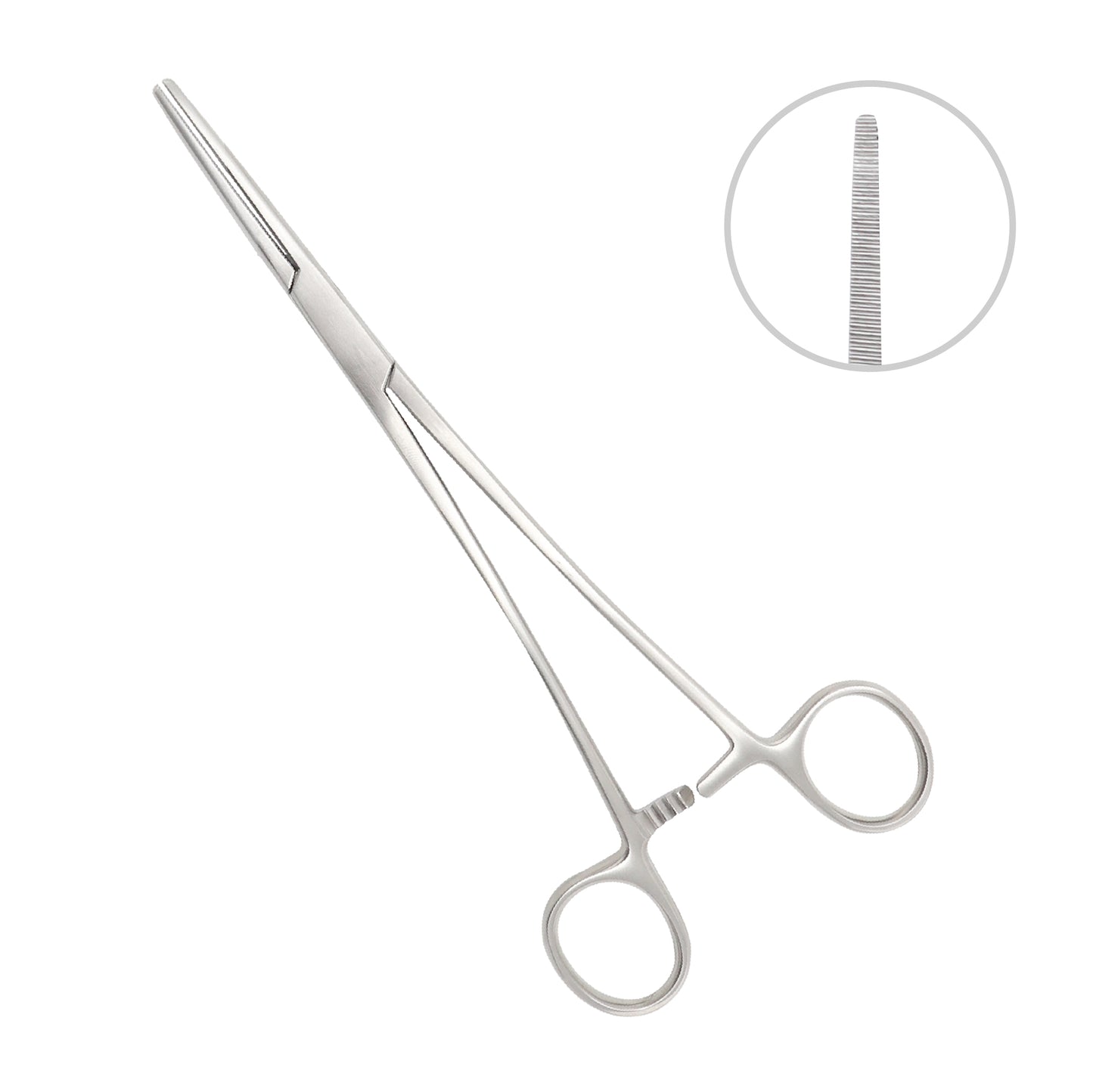 Straight Rochester Carmalt hemostatic forceps made of stainless steel, featuring longitudinal serrations with cross-serrated tips and a locking ratchet handle for surgical clamping.