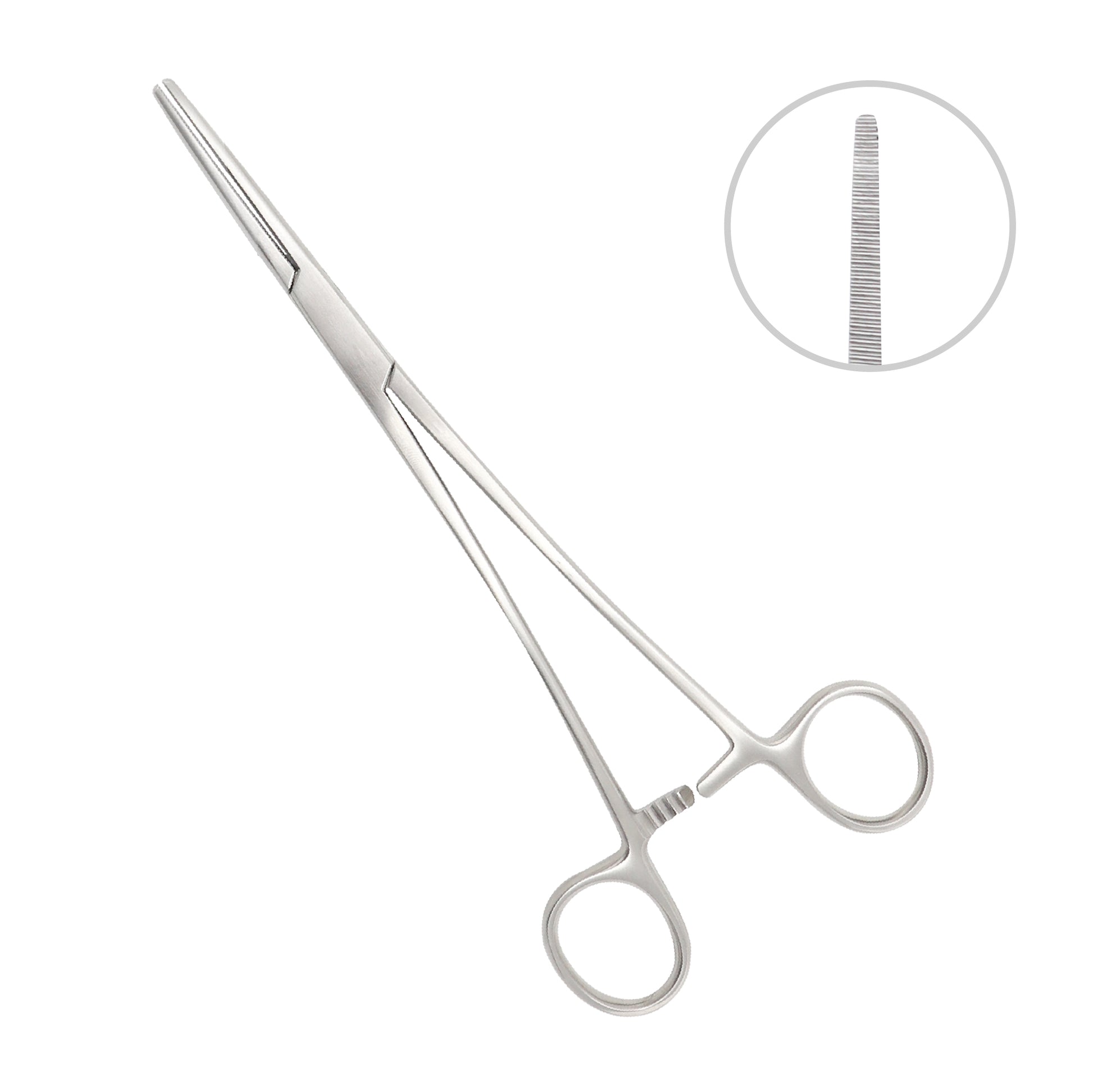 Straight Rochester Carmalt hemostatic forceps made of stainless steel, featuring longitudinal serrations with cross-serrated tips and a locking ratchet handle for surgical clamping.