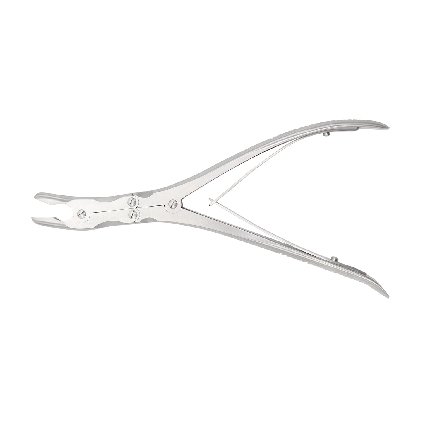 A stainless steel Ruskin-Stille Bone Rongeur featuring a double-action joint and curved jaws, designed for orthopedic surgical procedures.