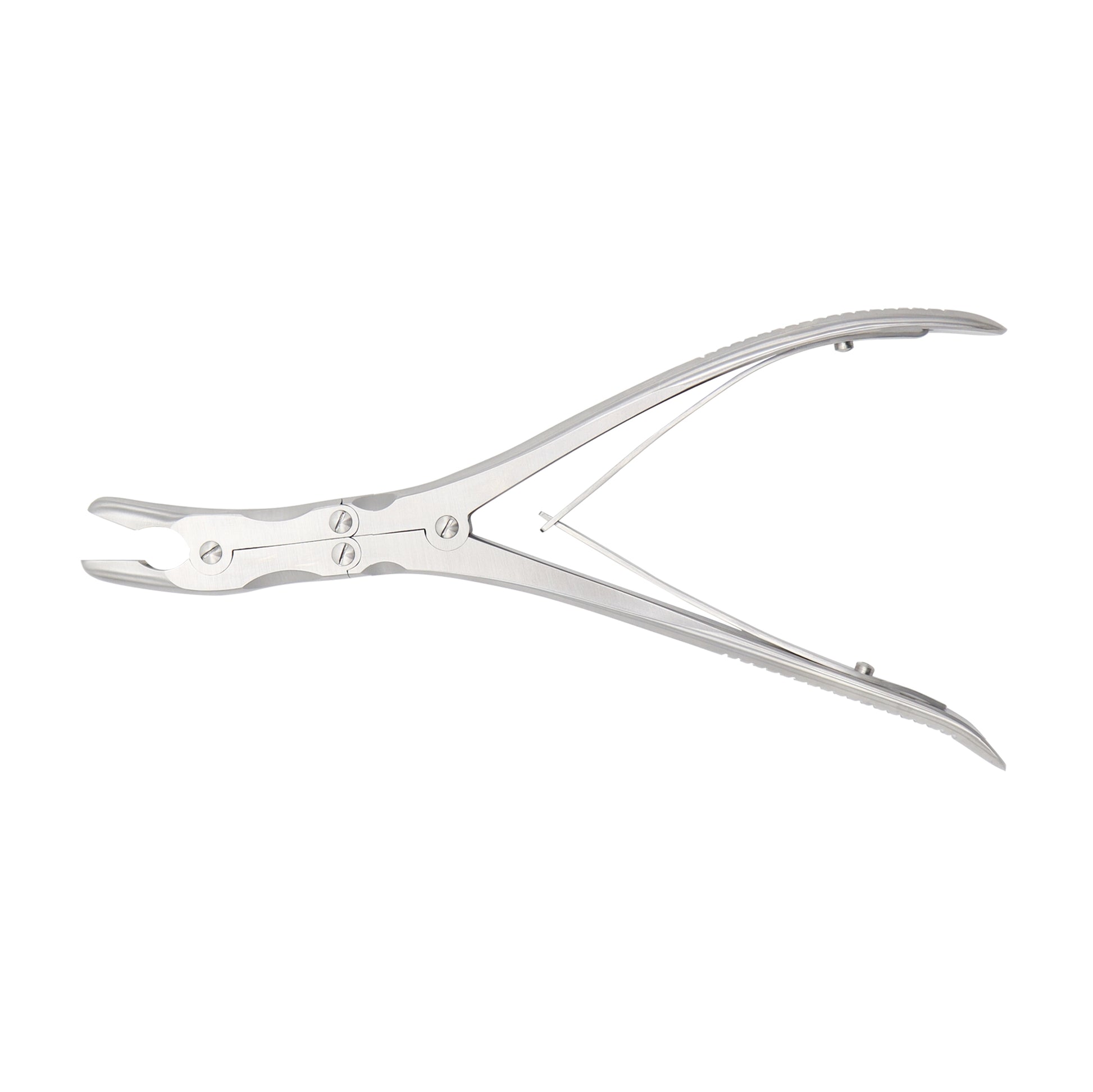 A stainless steel Ruskin-Stille Bone Rongeur featuring a double-action joint and curved jaws, designed for orthopedic surgical procedures.