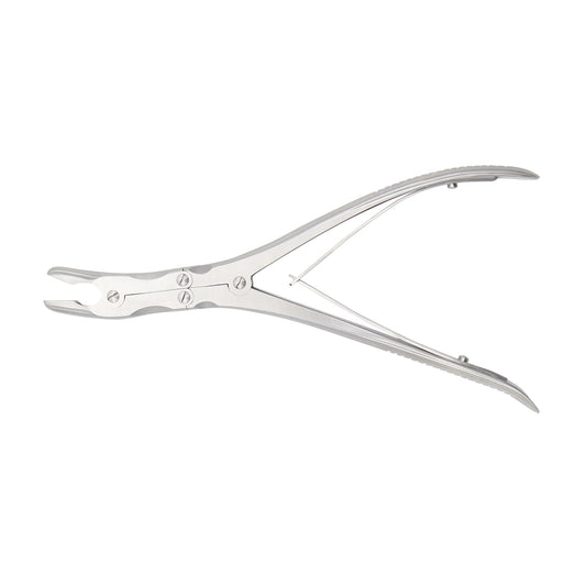 A stainless steel Ruskin-Stille Bone Rongeur featuring a double-action joint and curved jaws, designed for orthopedic surgical procedures.