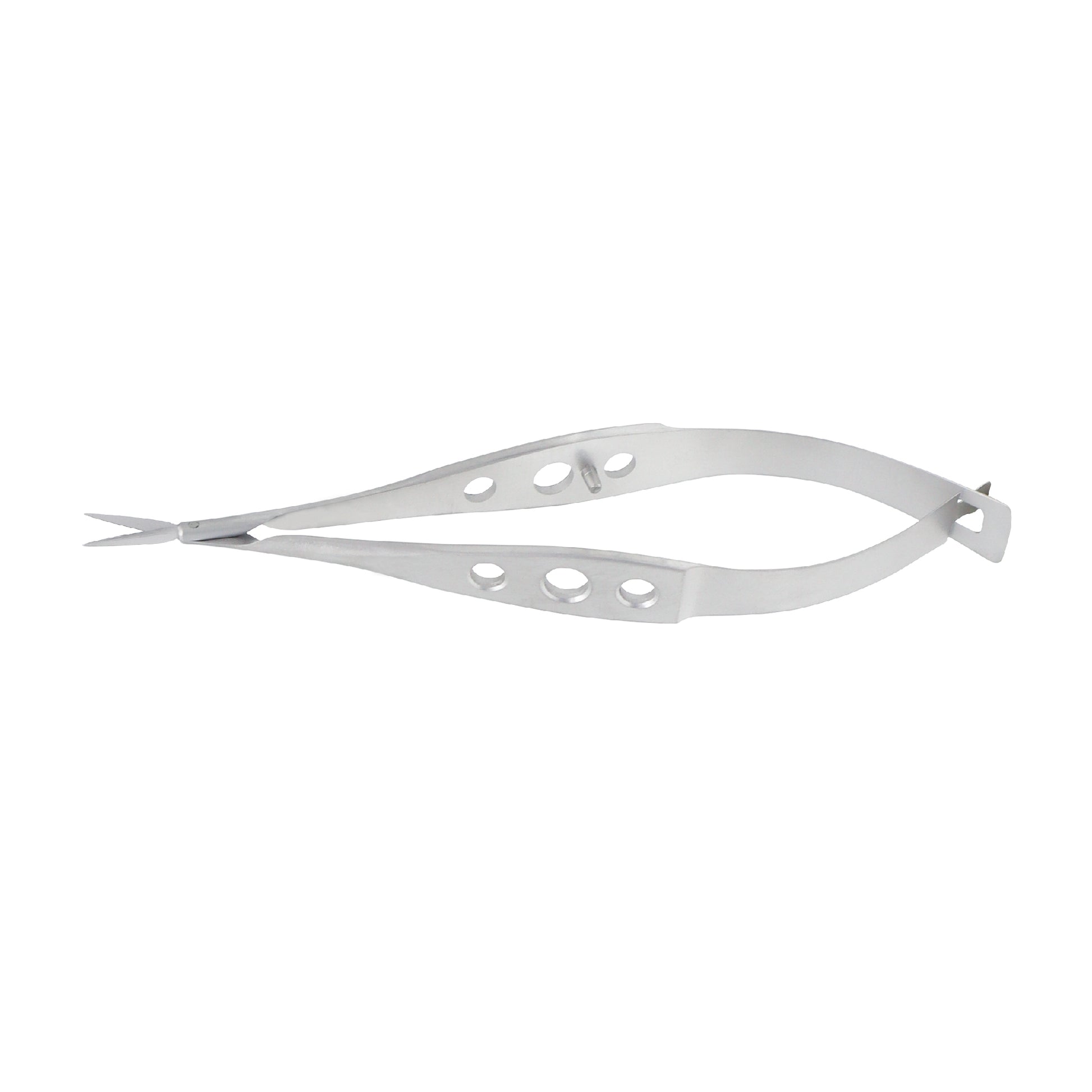Straight Micro-Vannas scissors with delicate blades for secondary cataract and ophthalmic surgical procedures.