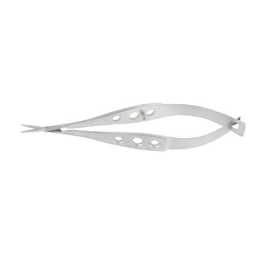 Straight Micro-Vannas scissors with delicate blades for secondary cataract and ophthalmic surgical procedures.