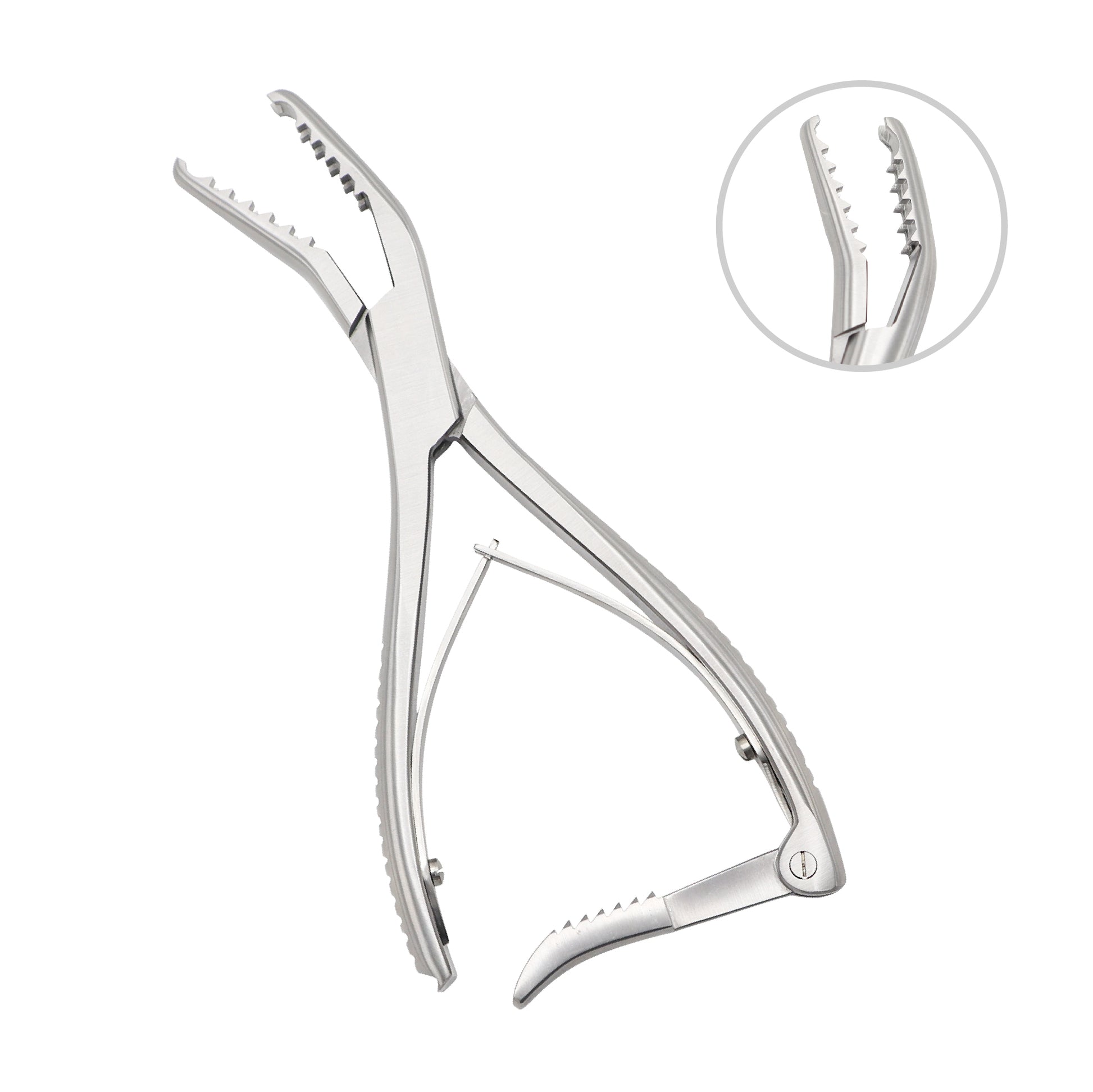 Semb bone holding forceps featuring curved, serrated jaws and a ratcheted plier-style handle for secure grasping of bone fragments during orthopedic surgery.