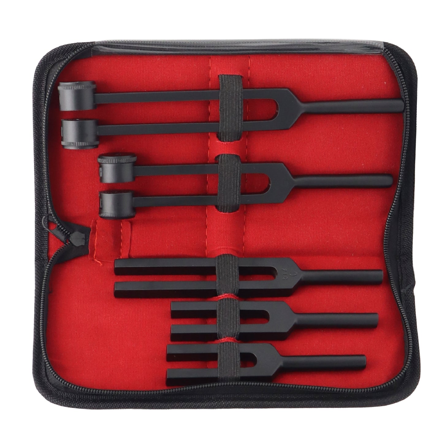 Set of black tools in a red case on a white background