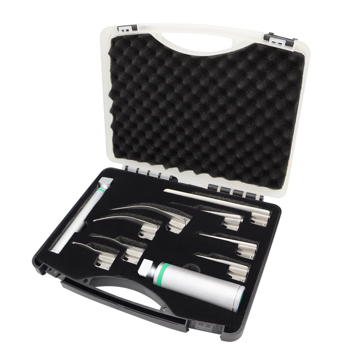 Set of dental tools in a black foam-lined case on a white background