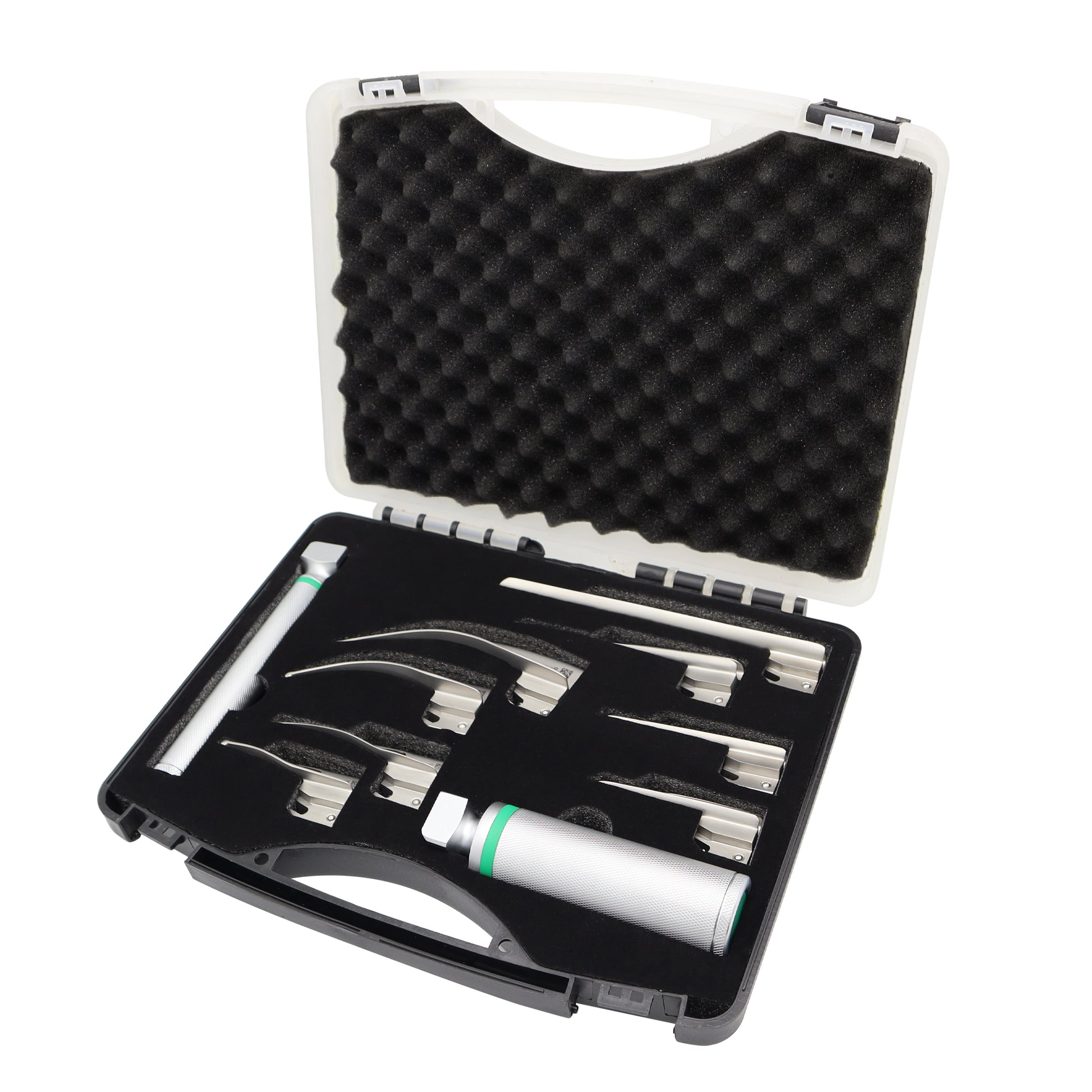 Set of dental tools in a black foam-lined case on a white background