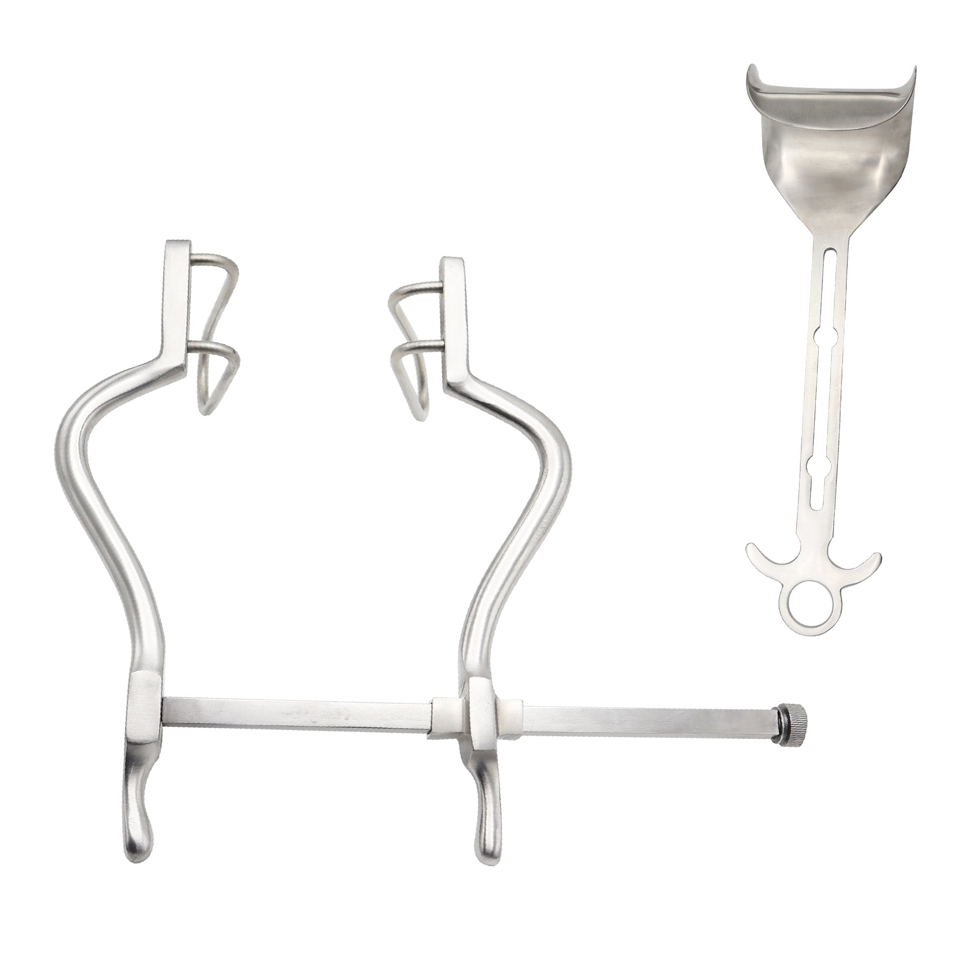 Set of dental tools including a large metal clamp and a smaller scoop on a white background