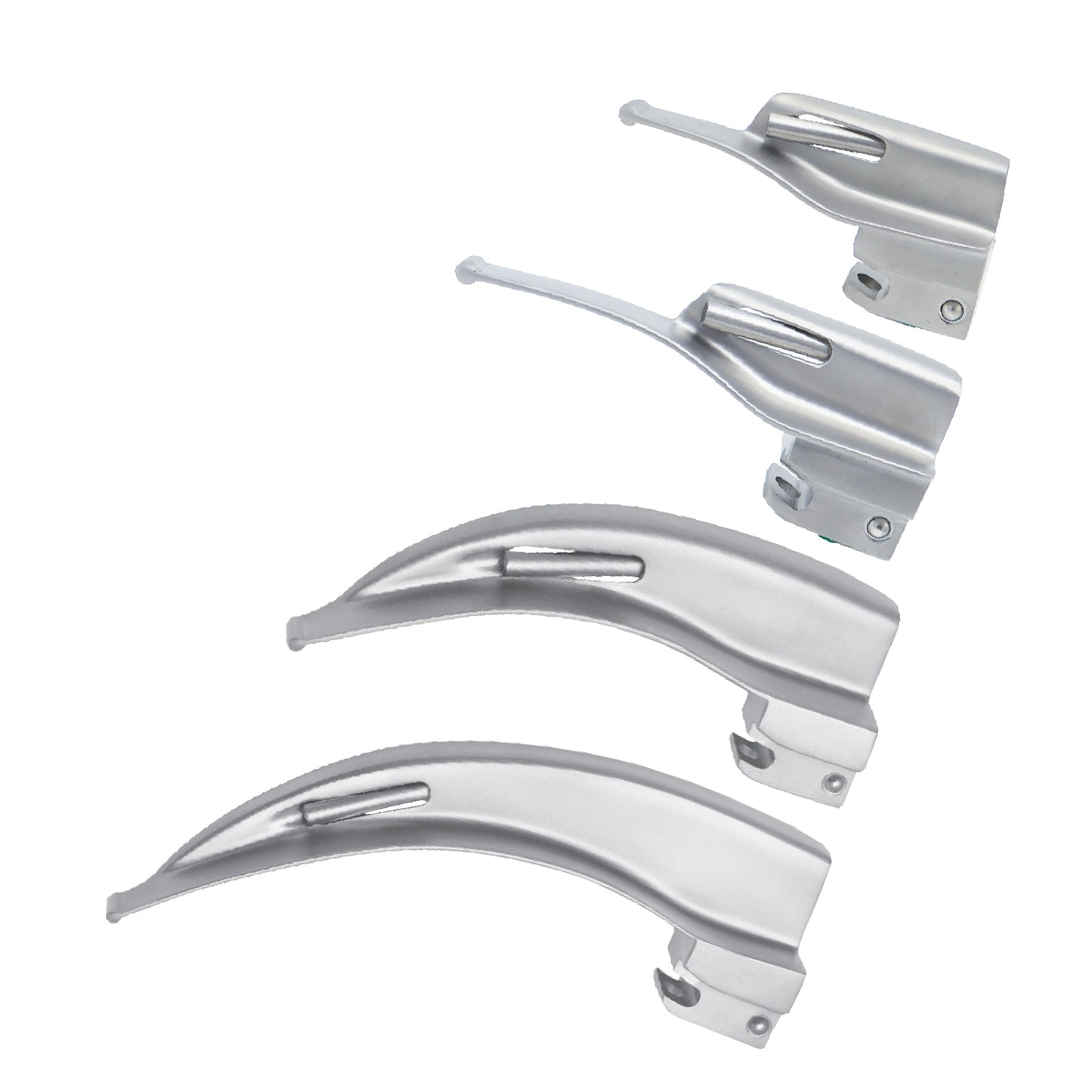 Set of metal laryngoscope blades on a white background