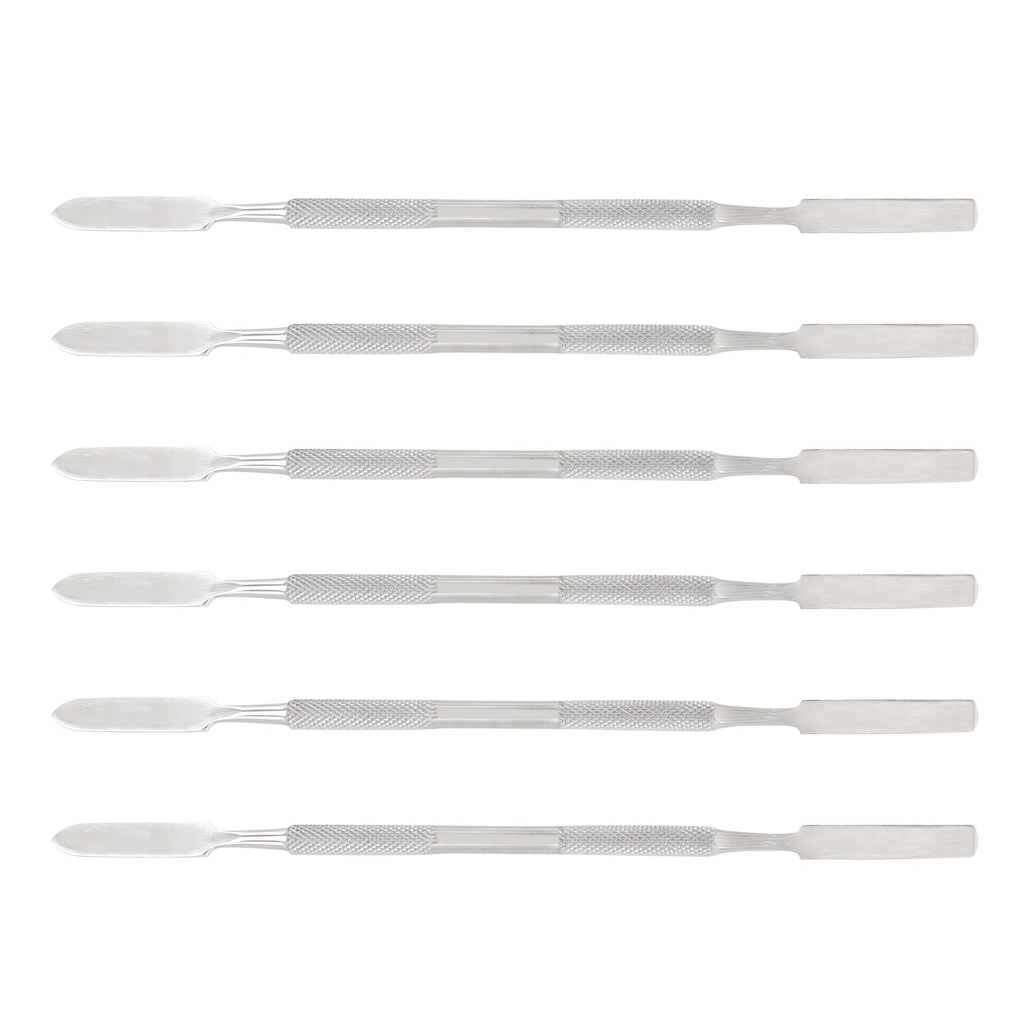 Set of six metal tools with textured handles on a white background