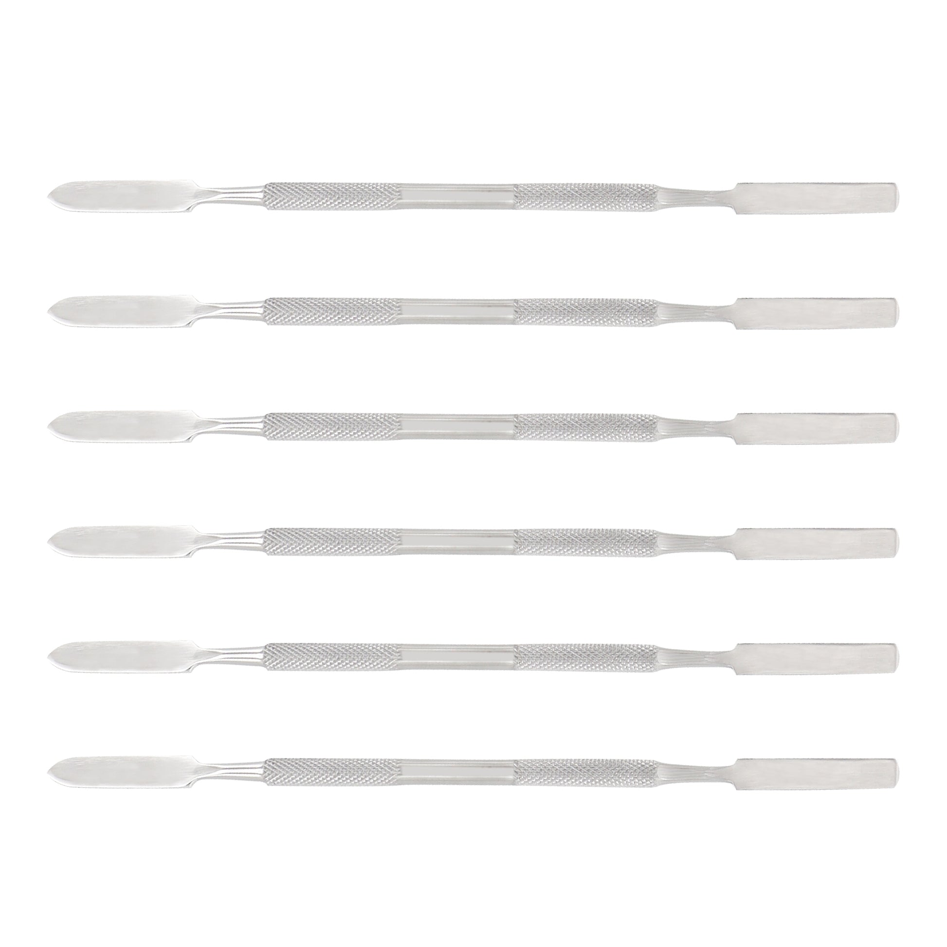 Set of six metal tools with textured handles on a white background