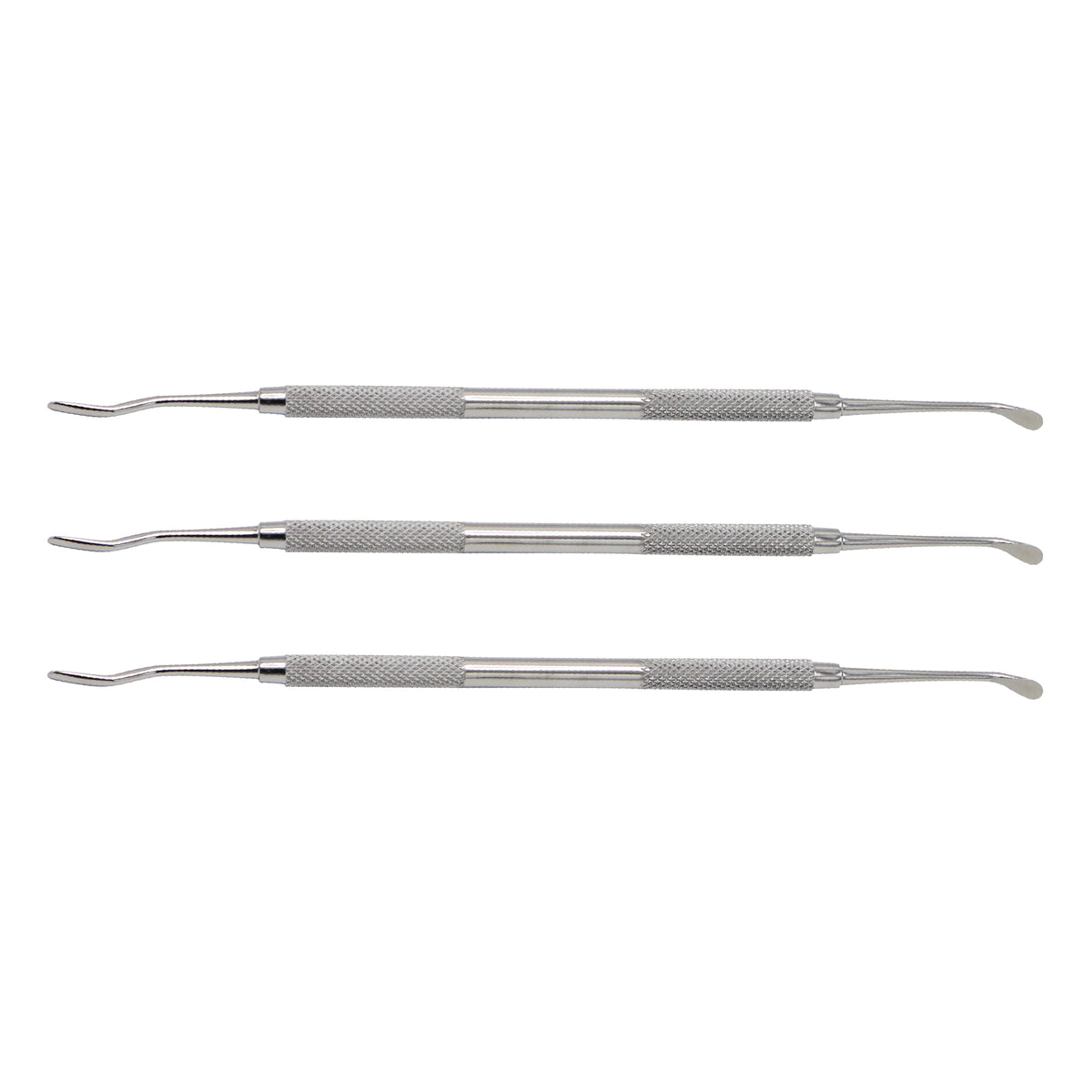 Set of three metal dental tools on a white background