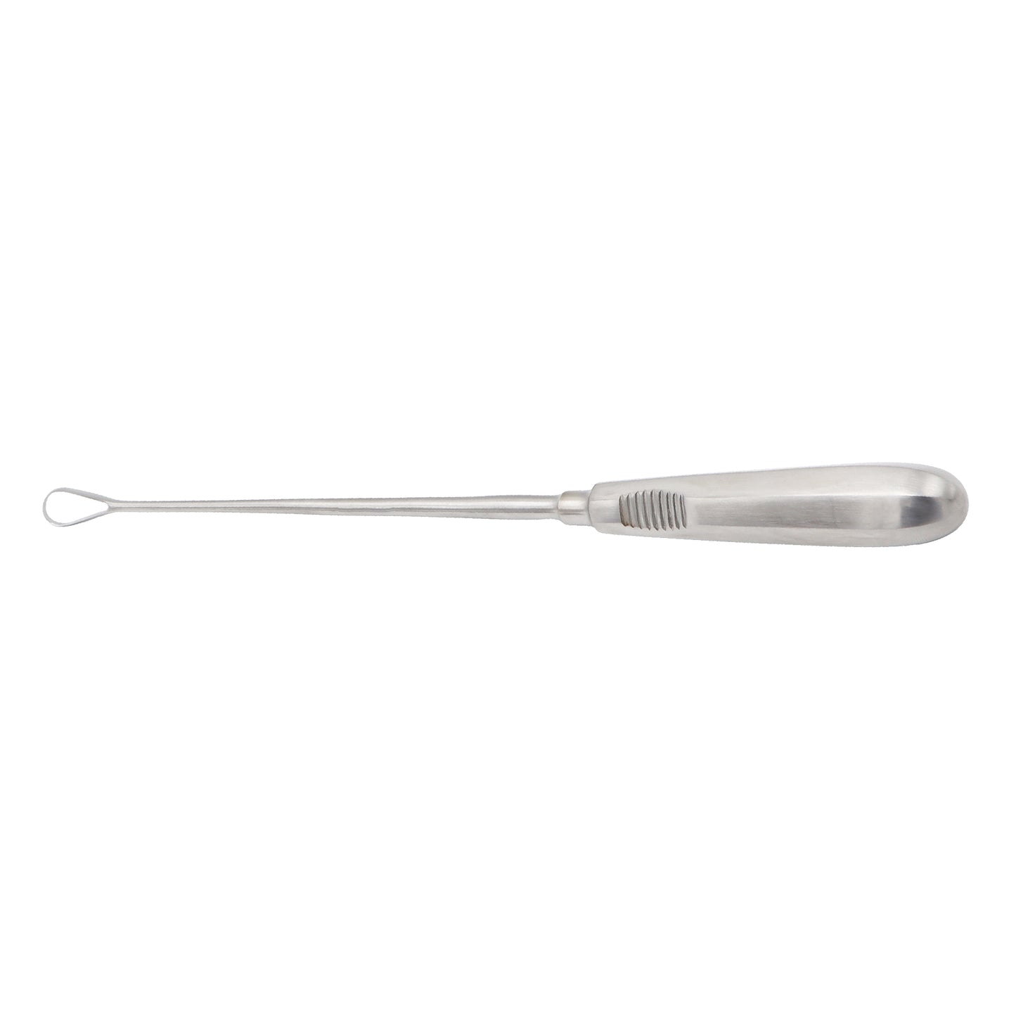 Profile view of a stainless steel Sims uterine curette with a textured handle and an open loop fenestrated tip, isolated on a white background.