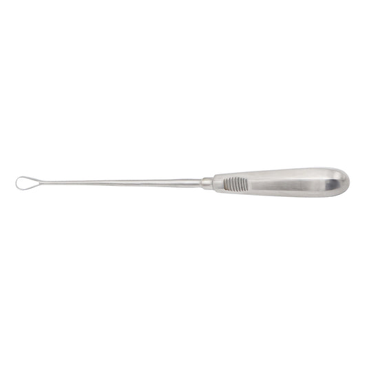 Profile view of a stainless steel Sims uterine curette with a textured handle and an open loop fenestrated tip, isolated on a white background.