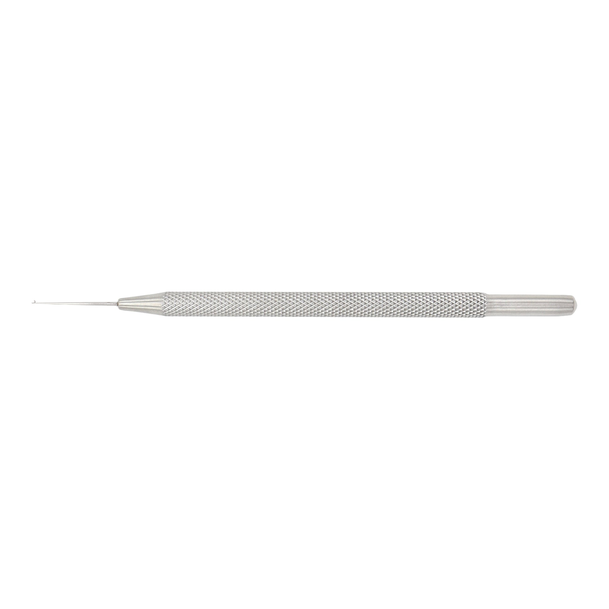 Single-ended surgical diagnostic probe with a sharp pointed tip, slim neck, and a knurled textured stainless steel handle, isolated on a white background.