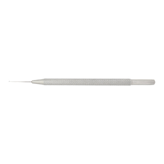 Single-ended surgical diagnostic probe with a sharp pointed tip, slim neck, and a knurled textured stainless steel handle, isolated on a white background.