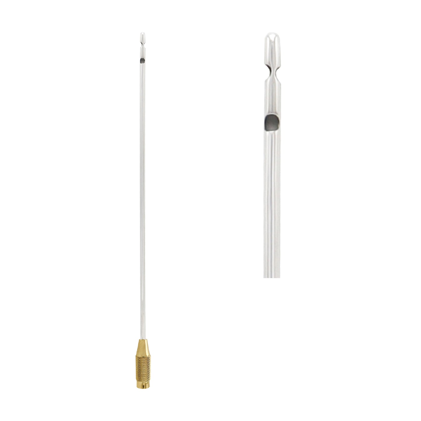 A long, stainless steel liposuction cannula with a single aspiration hole near the blunt tip and a gold-colored threaded base.