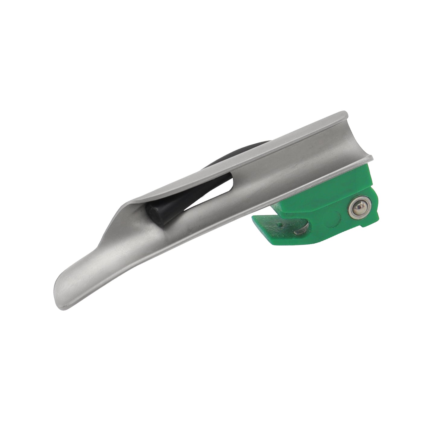 Close-up view of a single-piece Miller blade laryngoscope, highlighting its sterile finish and precision metal construction for airway management.