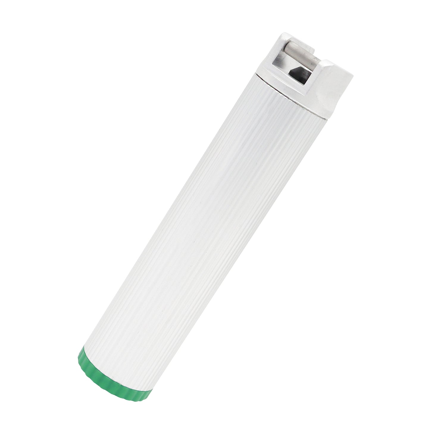 A single use laryngoscope handle made of aluminum, colored silver with a green accent at the base, designed for non-sterile use in medical settings.
