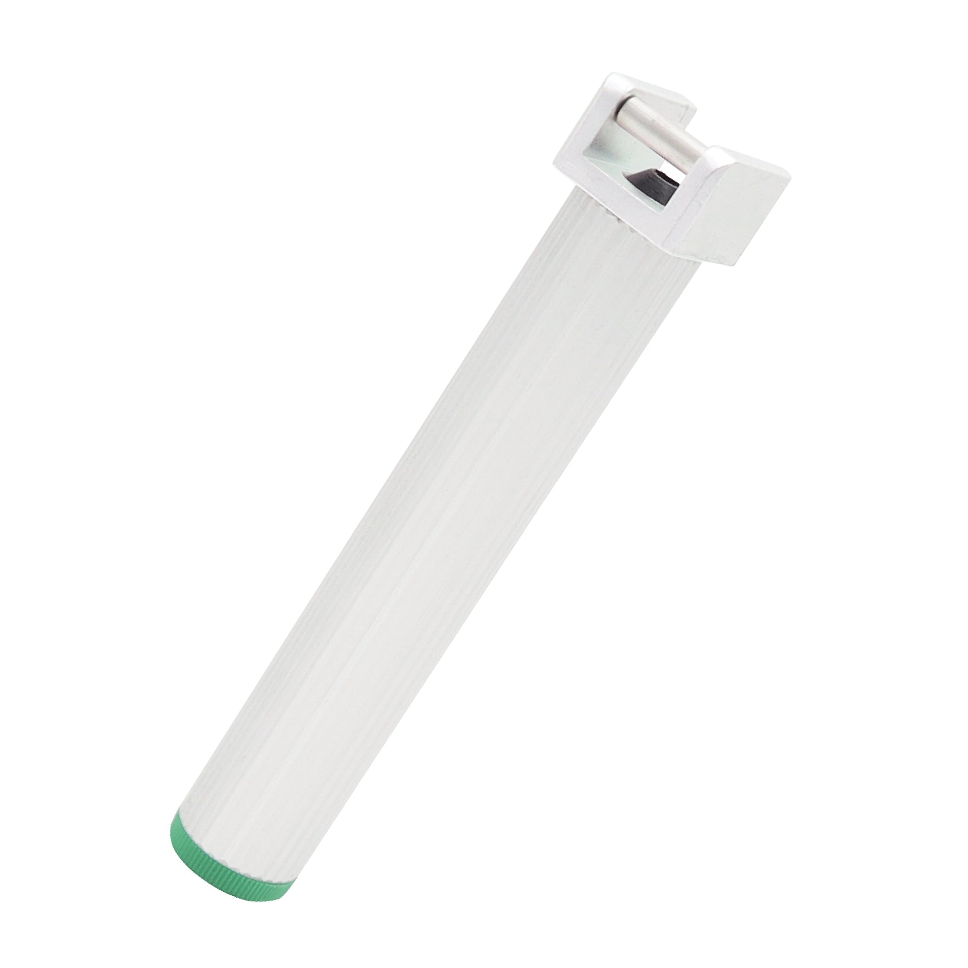 Close-up view of a single-use non-sterile laryngoscope handle showing detailed design and texture for medical airway management use.