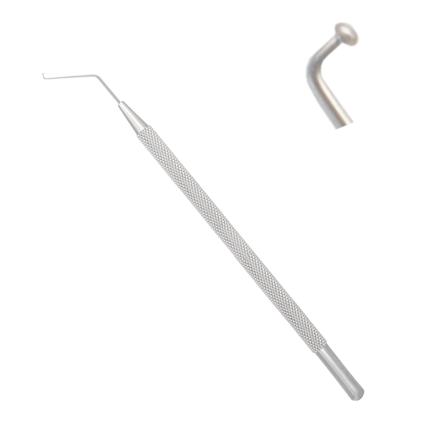 A Sinskey lens manipulating hook, an ophthalmic surgical instrument with a textured, knurled metal handle and a thin, angled tip ending in a small blunt hook, with an inset showing a close-up of the tip.