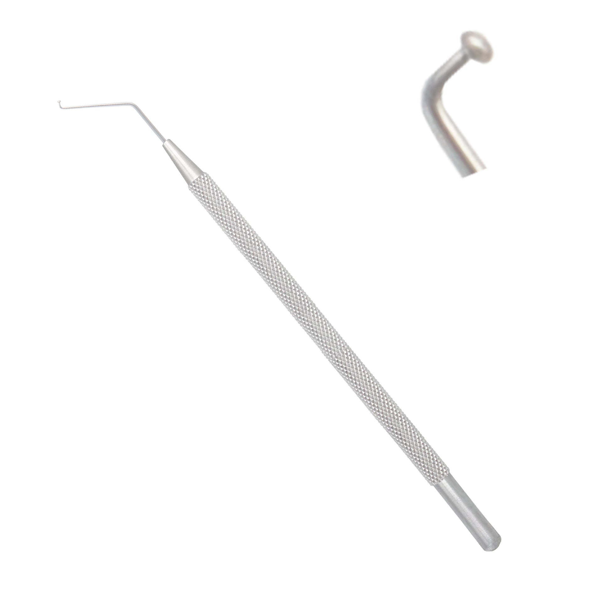 A Sinskey lens manipulating hook, an ophthalmic surgical instrument with a textured, knurled metal handle and a thin, angled tip ending in a small blunt hook, with an inset showing a close-up of the tip.