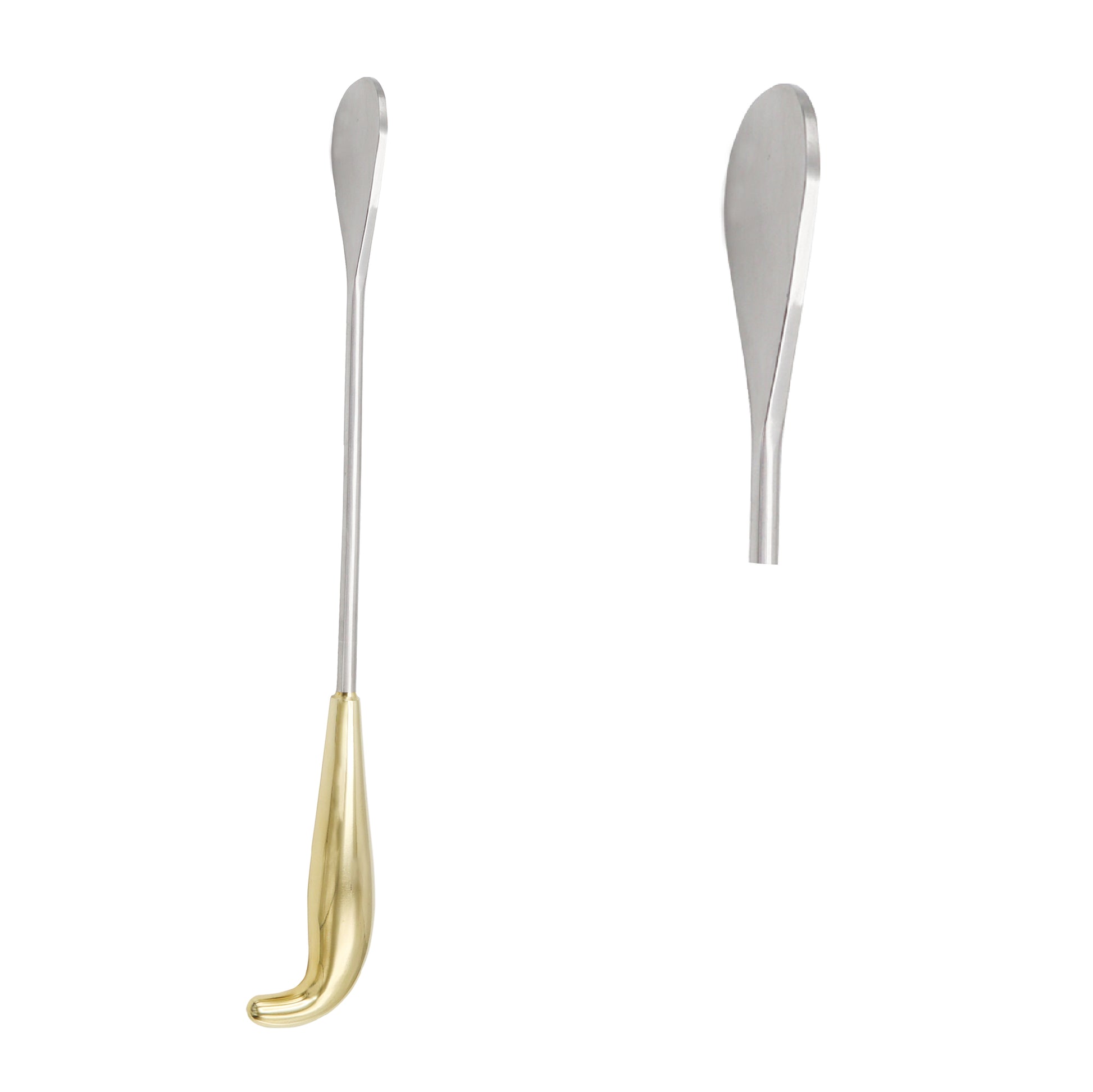 A stainless steel spatulated breast dissector with an oval blade and an ergonomic gold-plated handle, shown on a white background.