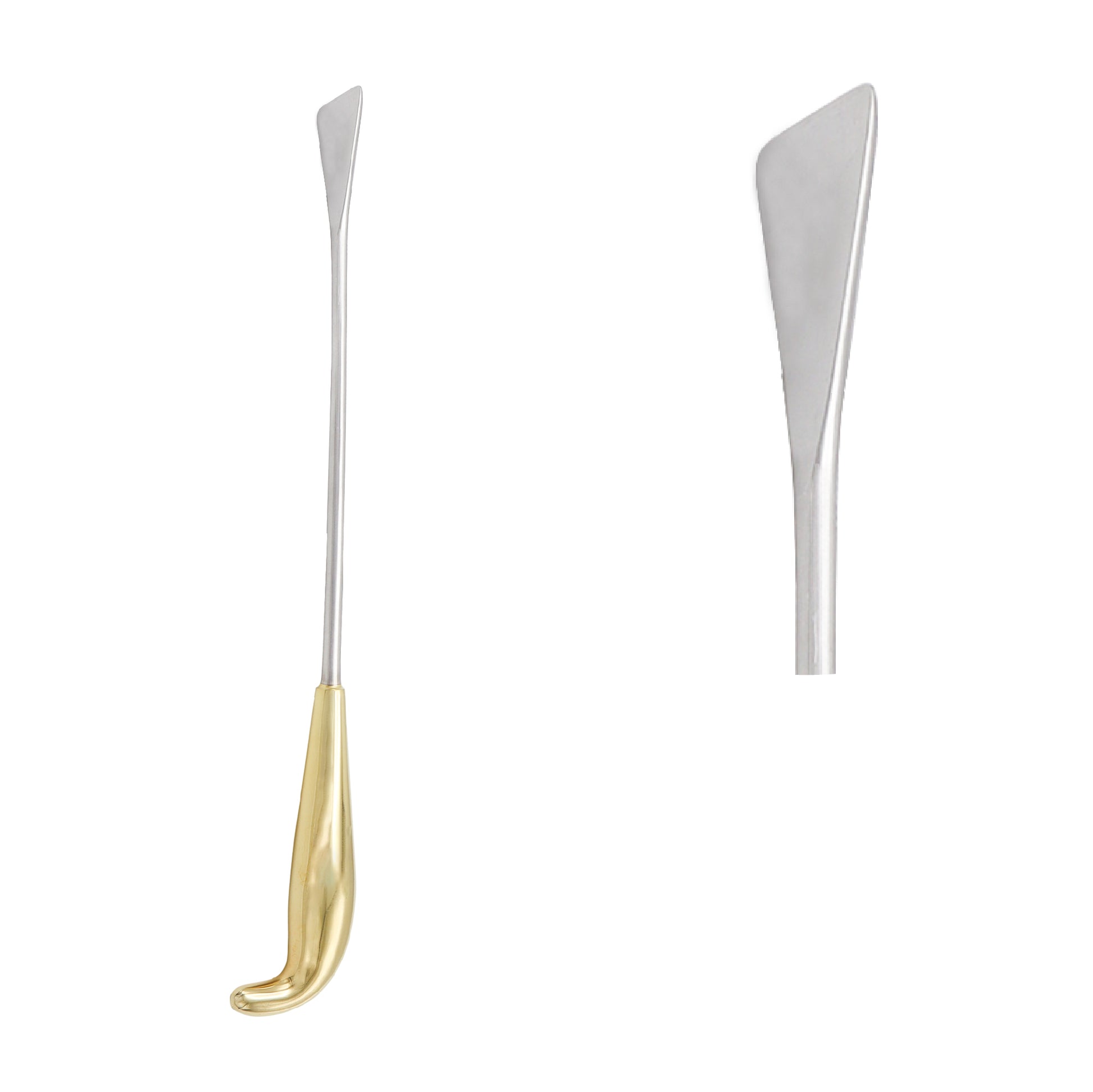 A professional medical photograph of a stainless steel breast dissector with a long, thin shaft, a gold-plated ergonomic handle, and a close-up detail of its angulated, spatulated dissecting tip.