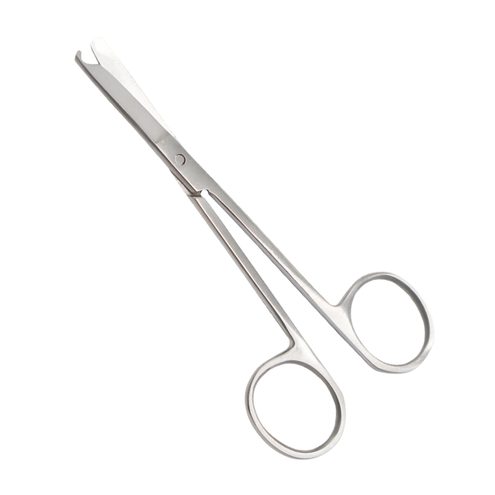  A pair of stainless steel surgical stitch scissors with a distinctive hook-shaped tip on one blade, designed for suture removal.