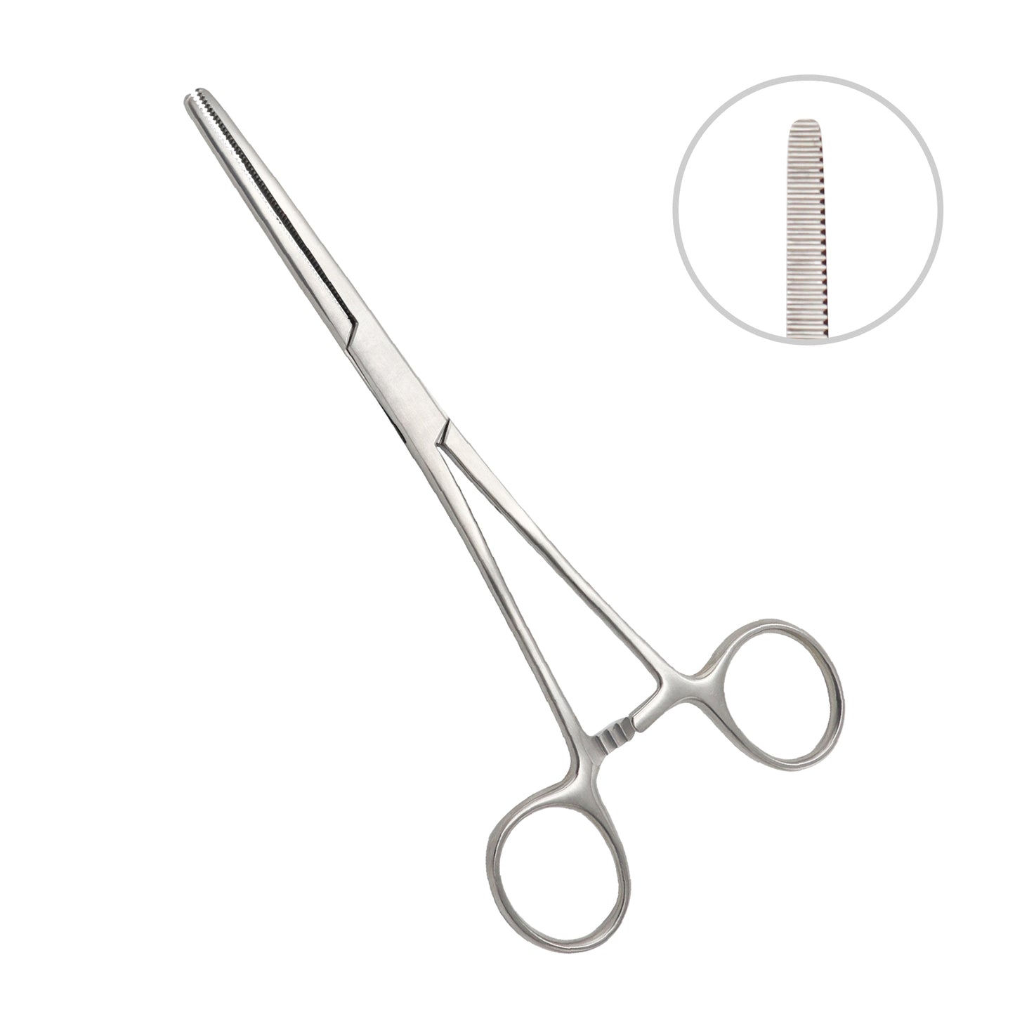 Surgical-grade stainless steel Spencer Wells hemostatic forceps with straight, serrated jaws and a finger-ring ratchet handle for secure clamping.