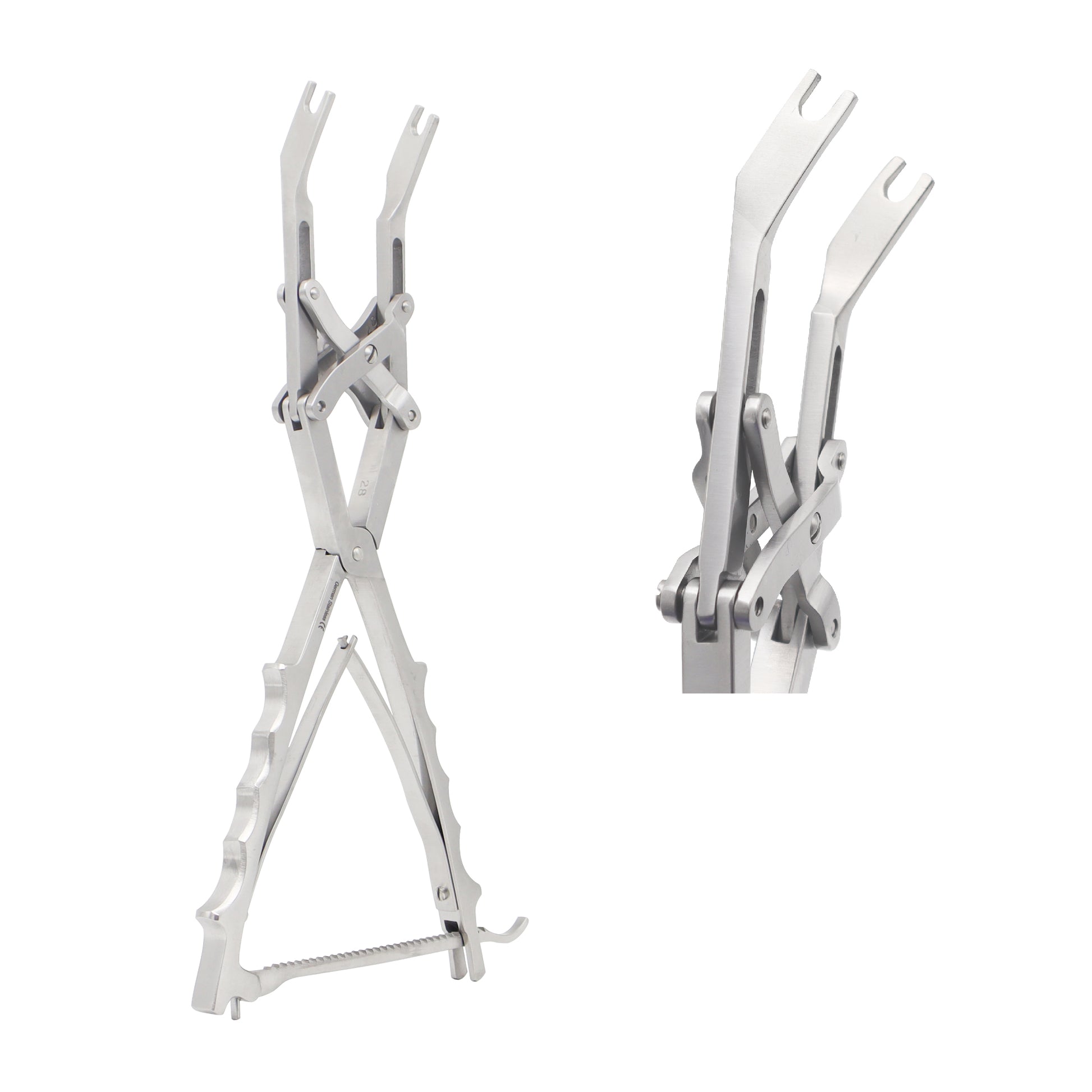 Two views of a medical-grade stainless steel parallel rod compressor instrument featuring a scissor-action squeeze handle, spring lever mechanism, and angled dual-prong jaws used in orthopedic spine surgery.