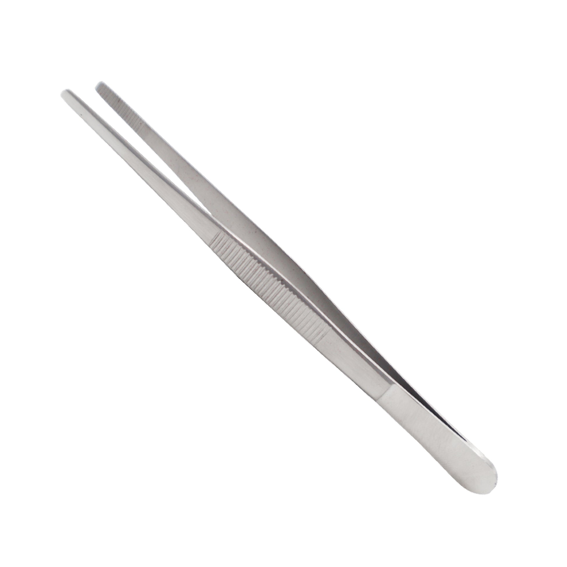Straight stainless steel dressing forceps with a ridged handle and serrated tips, commonly used for surgical, laboratory, or culinary purposes.