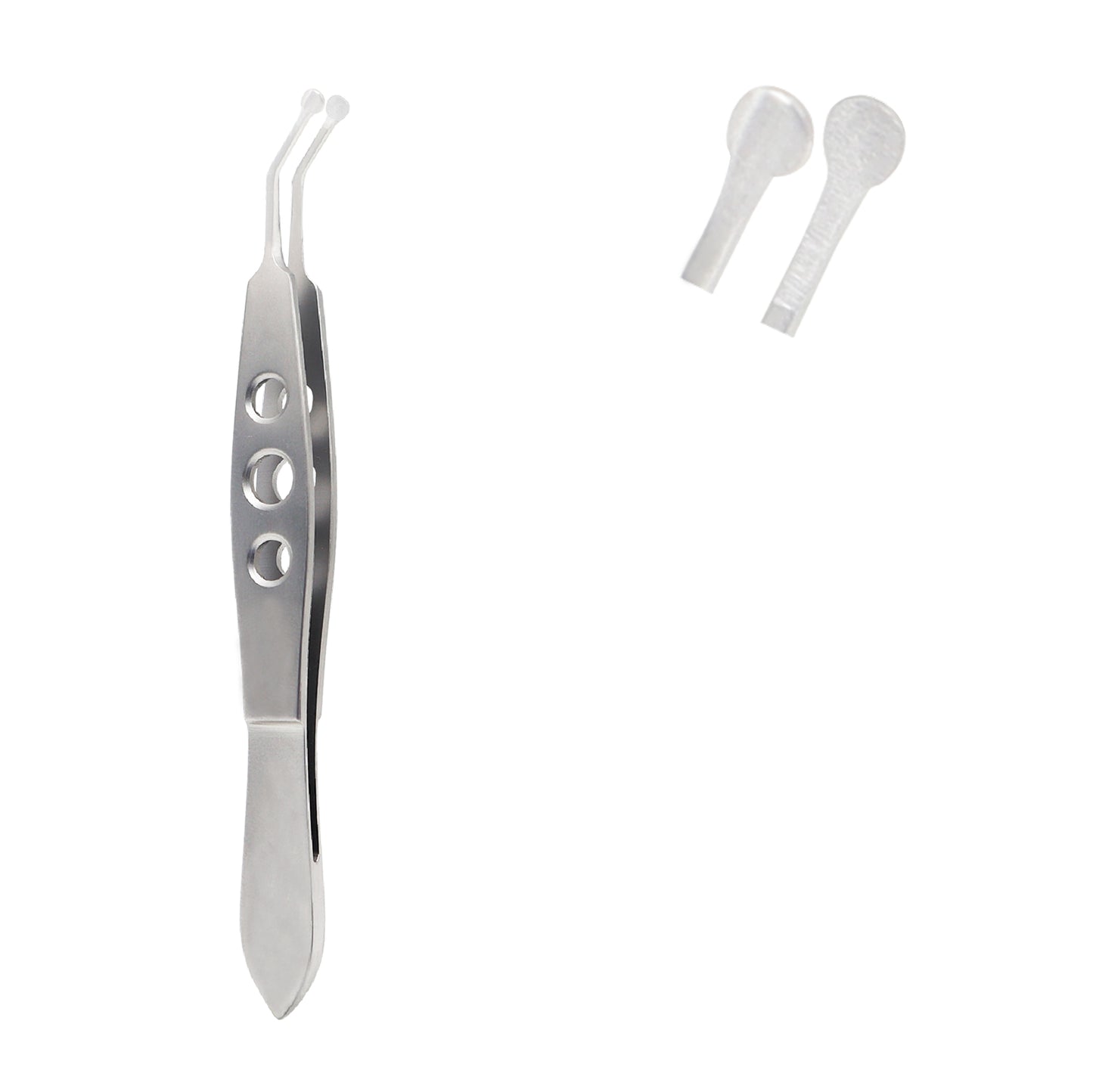 A stainless steel meibomian gland expressor featuring an ergonomic triple-hole handle and smooth, angled paddle tips. This surgical-grade instrument includes protective silicone covers for precise, gentle eyelid oil gland expression.