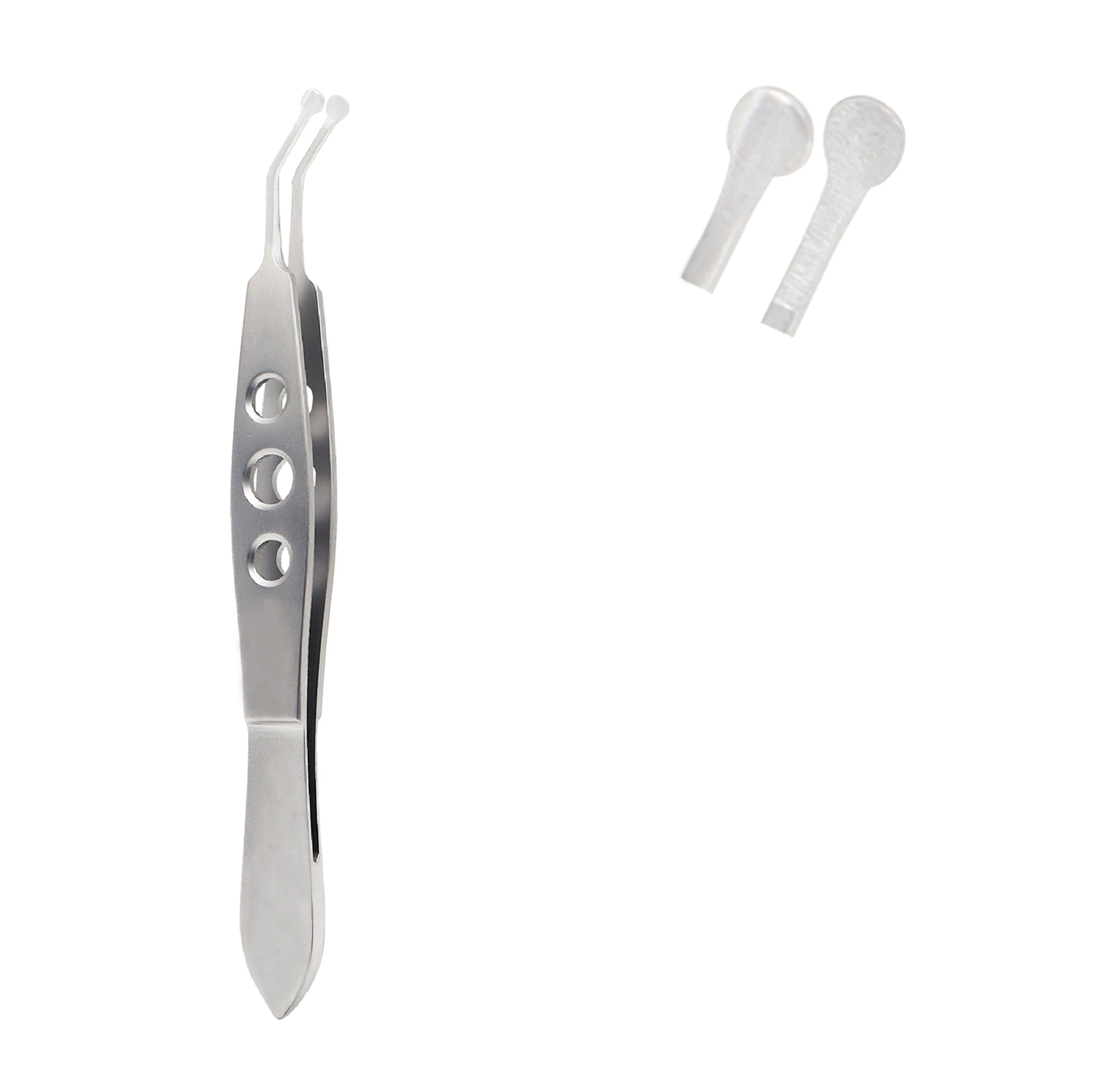 A stainless steel meibomian gland expressor featuring an ergonomic triple-hole handle and smooth, angled paddle tips. This surgical-grade instrument includes protective silicone covers for precise, gentle eyelid oil gland expression.