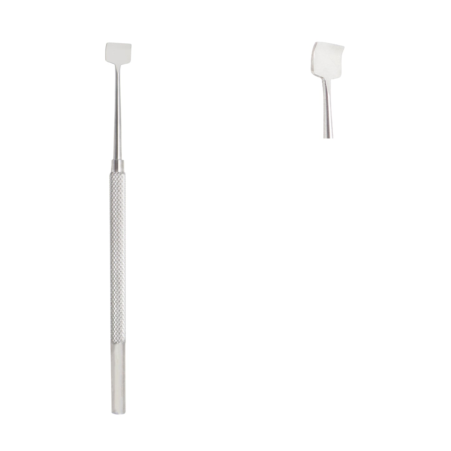 Handheld medical instrument with a knurled handle and a spatula-like working end for precision procedures.