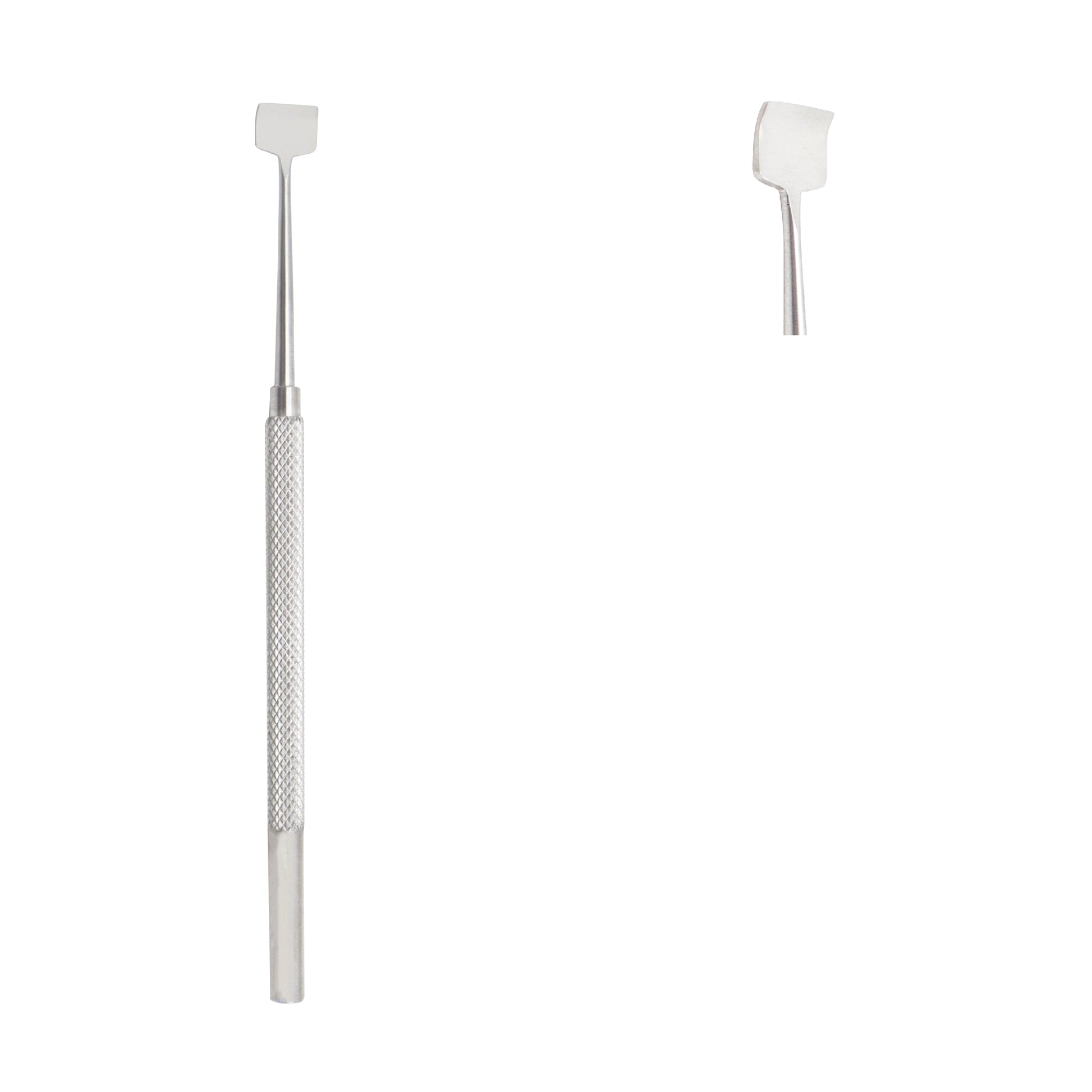 Handheld medical instrument with a knurled handle and a spatula-like working end for precision procedures.