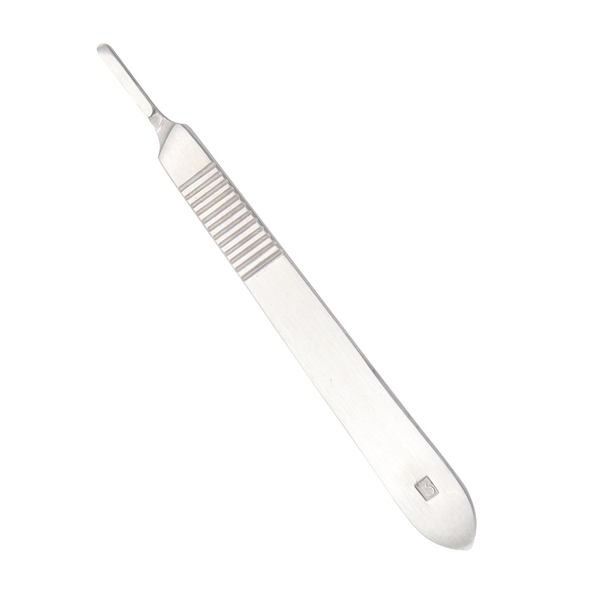 A flat, metallic surgical scalpel handle No. 3 with a ridged grip and a specialized tip for attaching surgical blades.