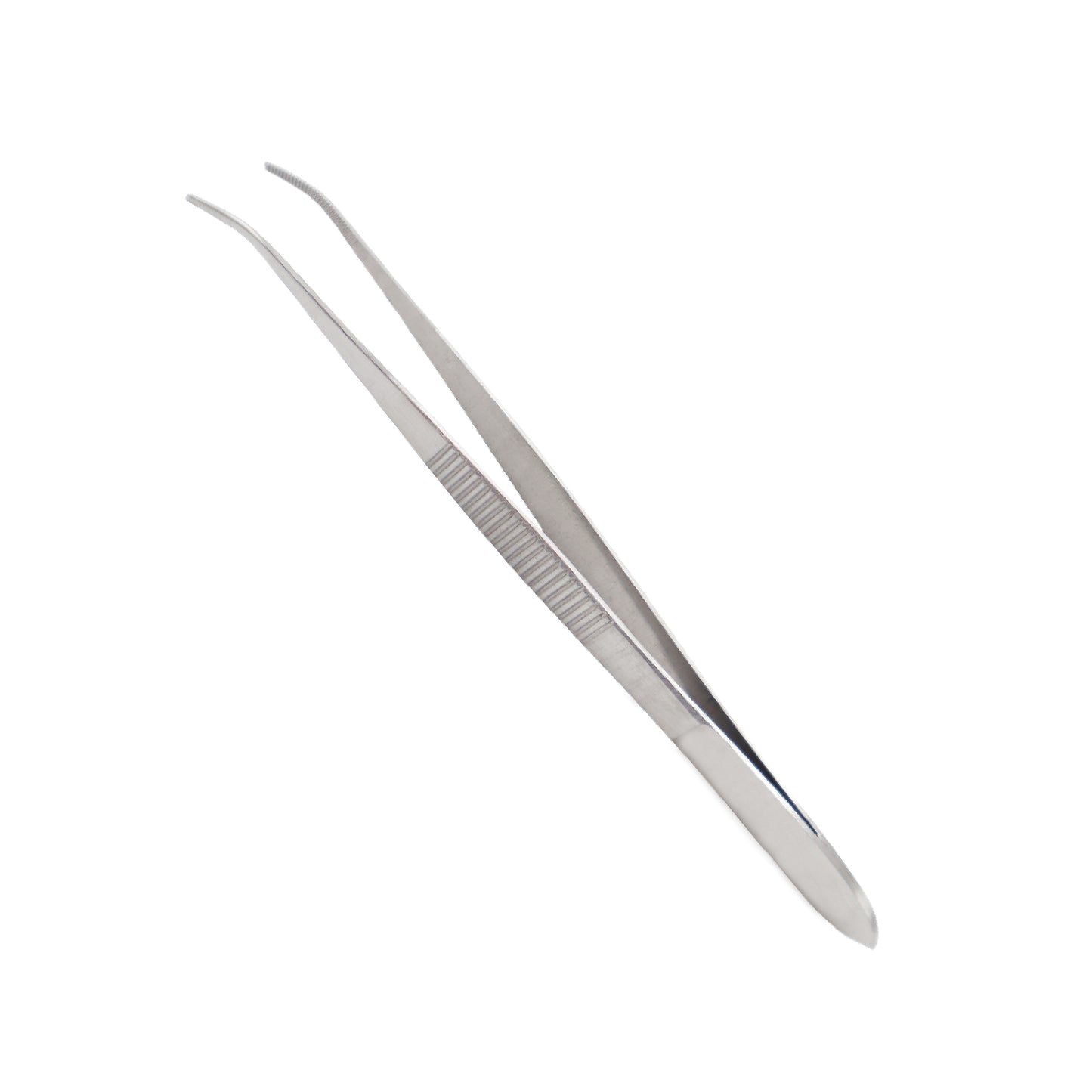 A pair of stainless steel tweezers featuring long, thin handles with knurled (ridged) grips and curved, serrated tips designed for precision grasping.