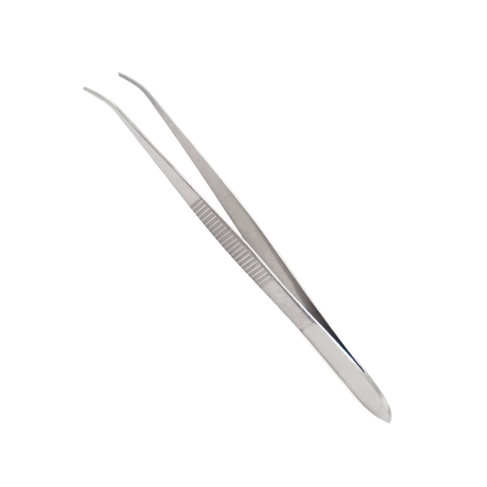 A pair of stainless steel tweezers featuring long, thin handles with knurled (ridged) grips and curved, serrated tips designed for precision grasping.
