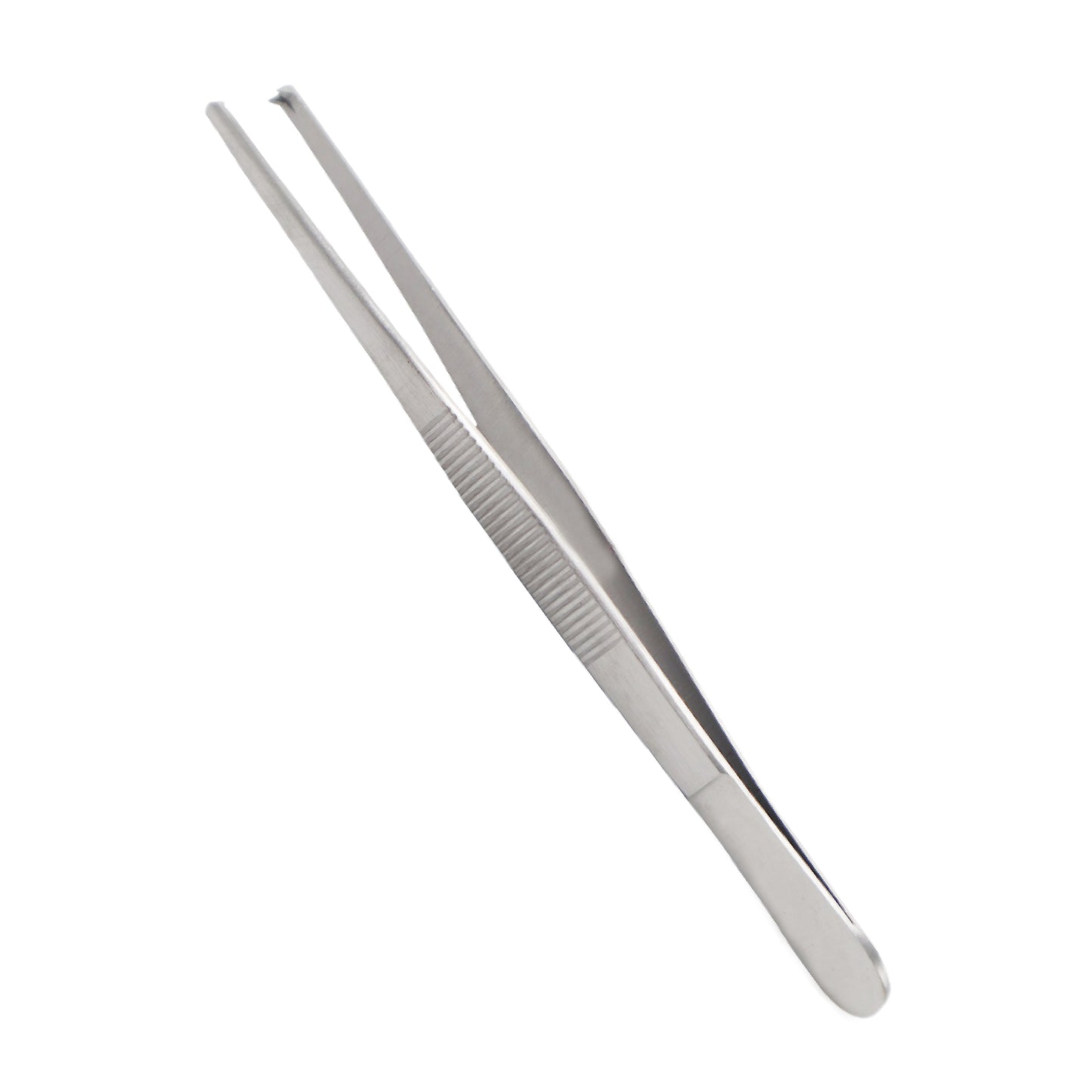 Straight stainless steel surgical dressing forceps with serrated handles and blunt, serrated tips for secure grasping.