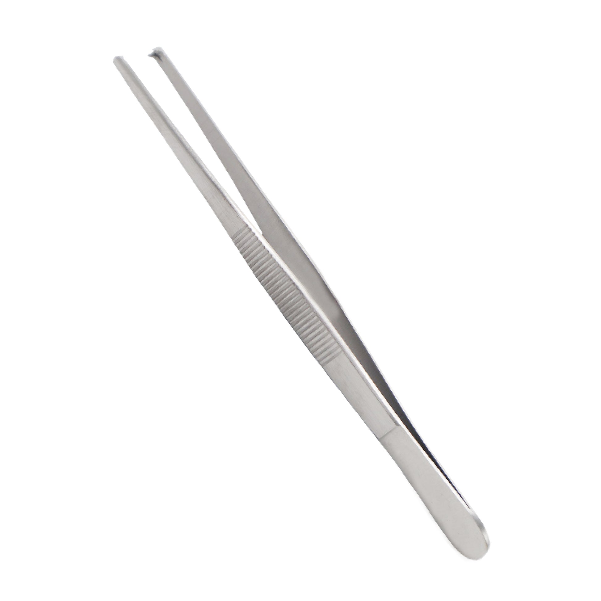  Straight stainless steel surgical dressing forceps with serrated handles and blunt, serrated tips for secure grasping.