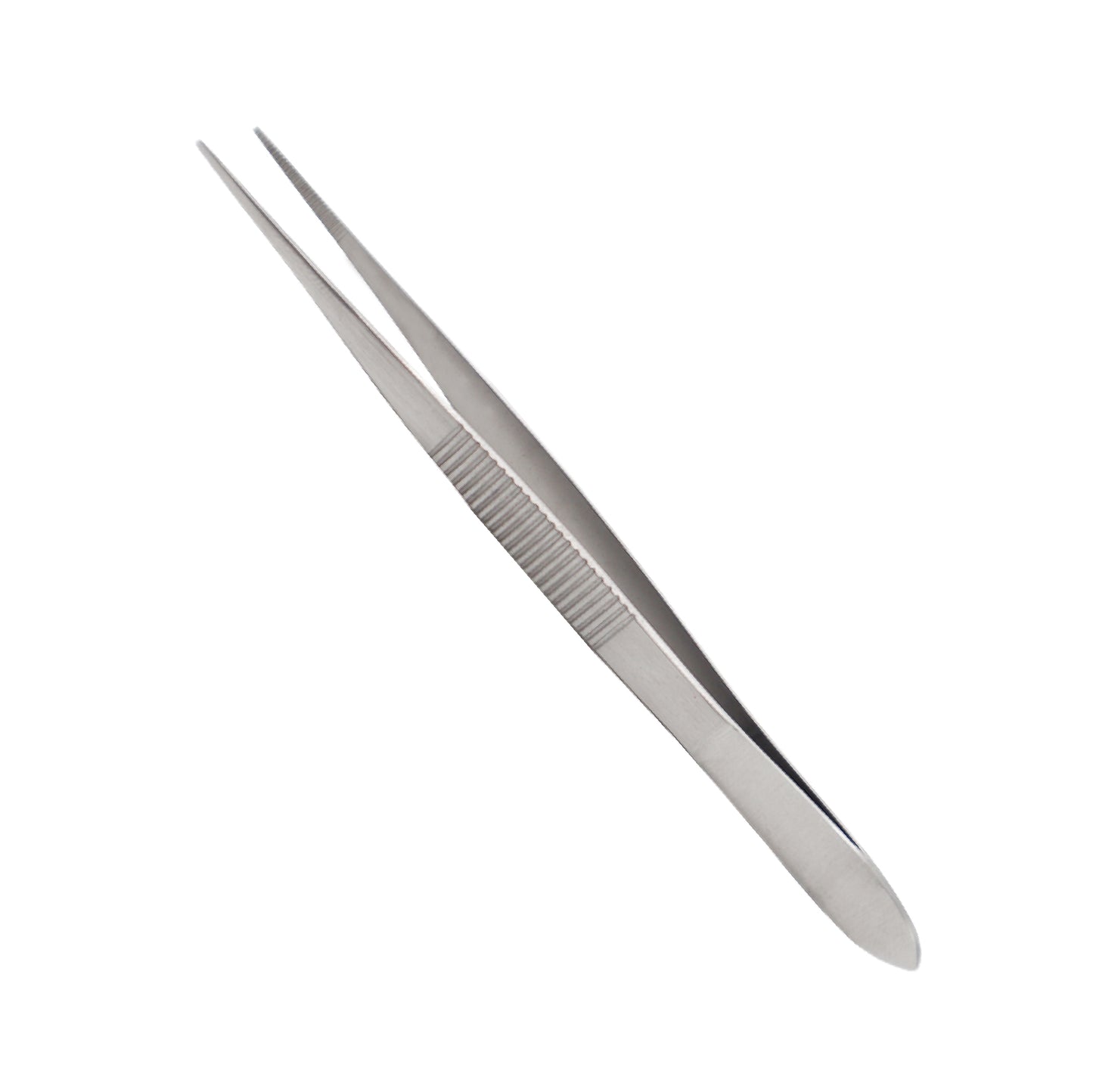 A pair of straight, stainless steel dressing forceps with a serrated handle and tapered tips, shown against a plain white background.