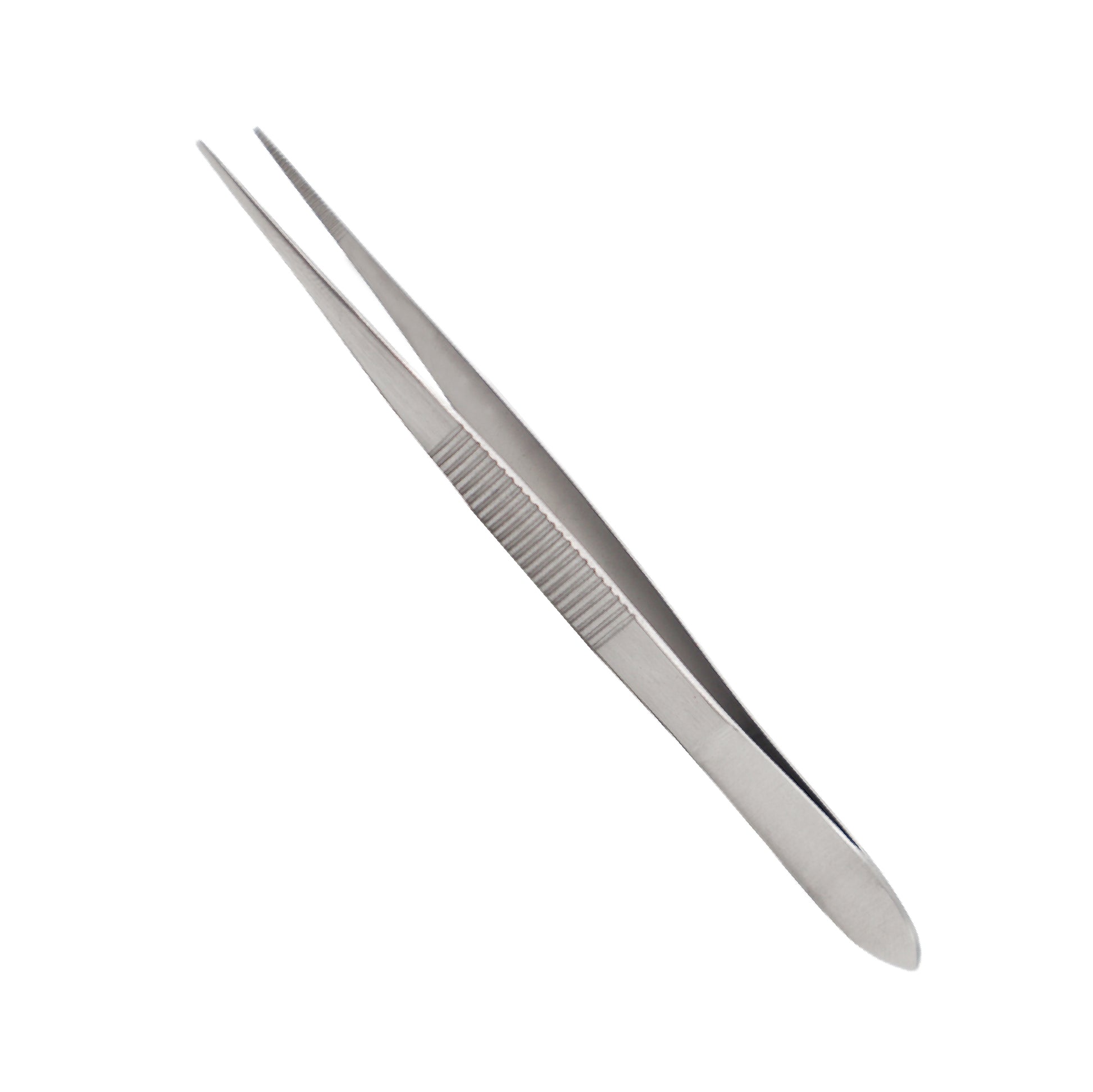 A pair of straight, stainless steel dressing forceps with a serrated handle and tapered tips, shown against a plain white background.