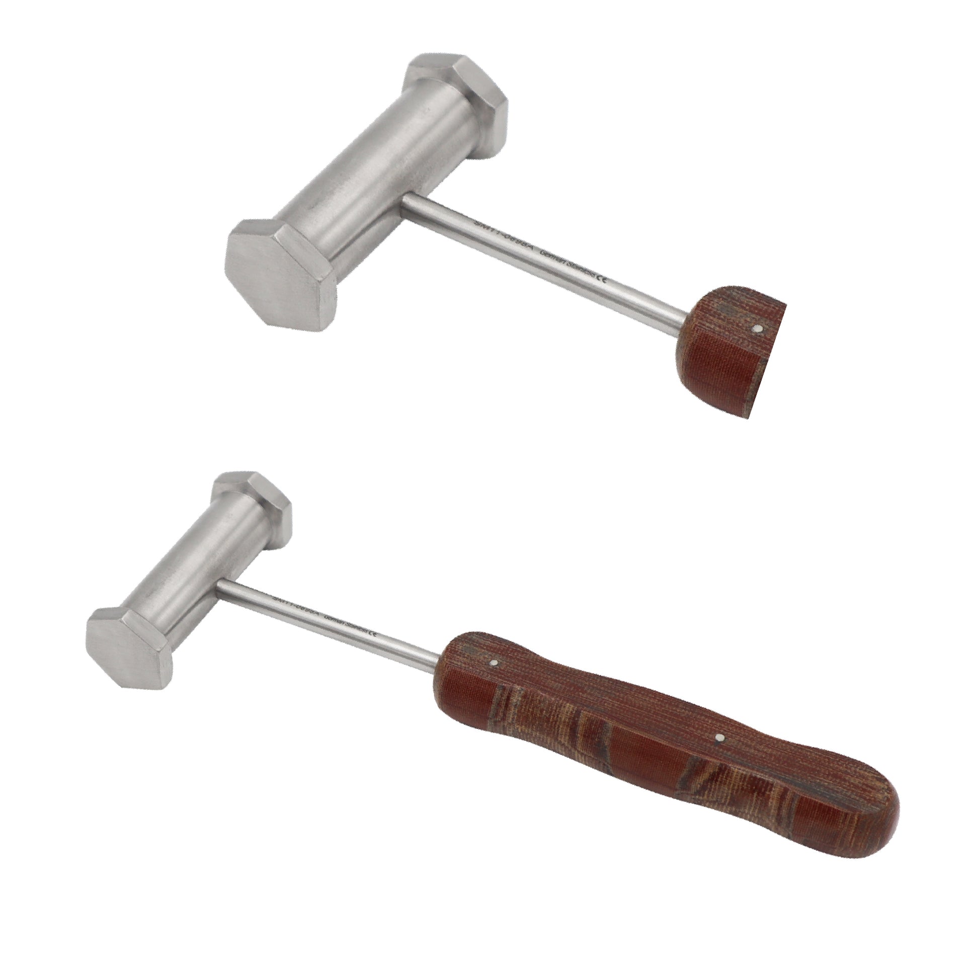 Medical-grade stainless steel orthopedic bone hammer with a durable brown composite grip isolated on a clean white background.