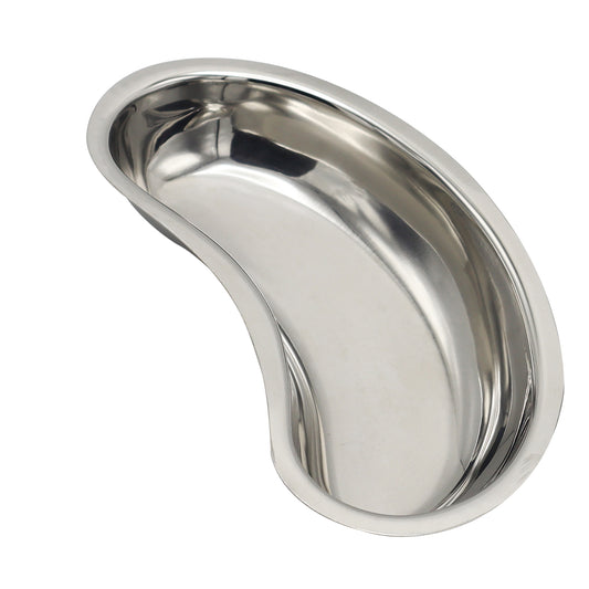 A medical-grade stainless steel emesis basin, also known as a kidney dish, featuring a smooth curved kidney shape and a polished metallic finish against a white background.