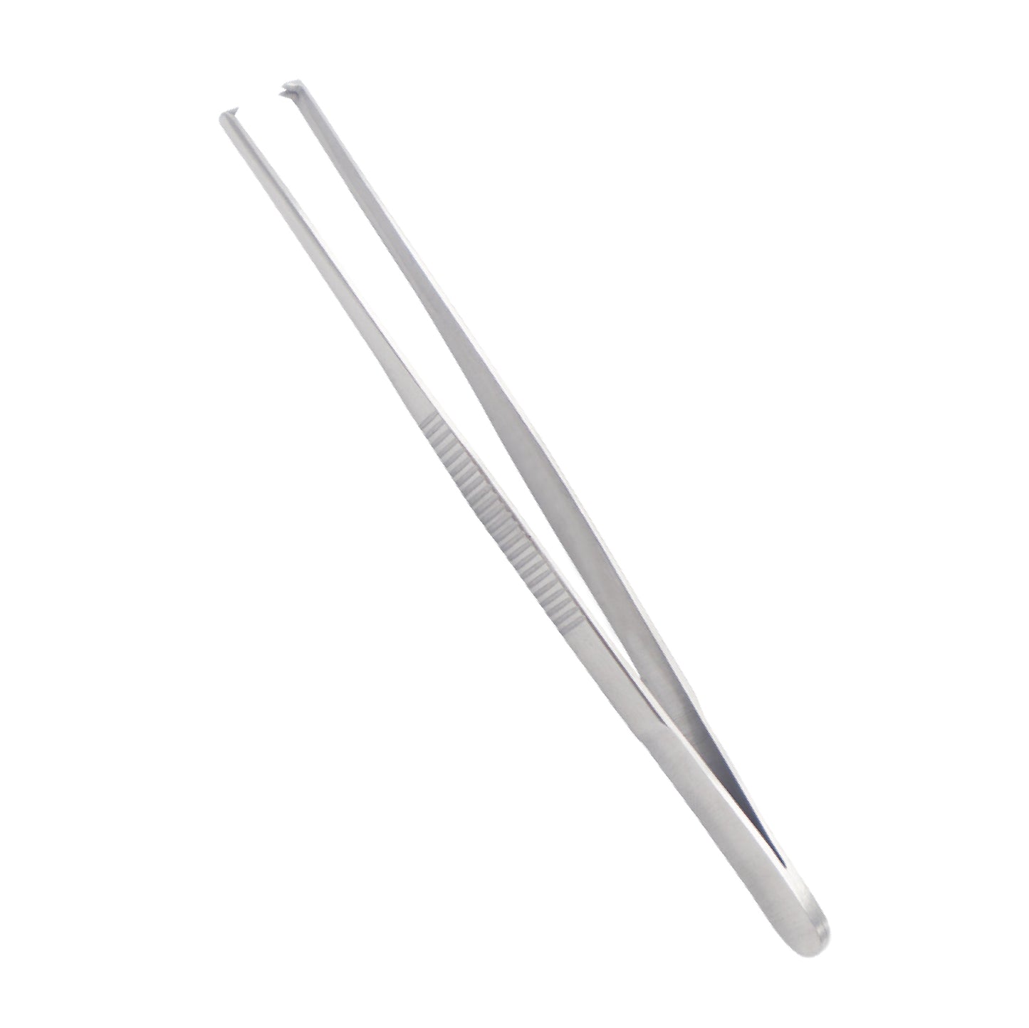  A pair of long, silver-colored stainless steel tweezers with a straight design, featuring serrated tips for a secure grip and a textured handle area for non-slip control.