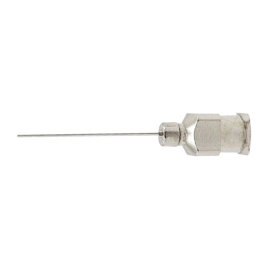 Side profile of a stainless steel industrial dispensing needle featuring a nickel-plated metal female Luer Lock hub and a long metallic shaft over a clean white background.