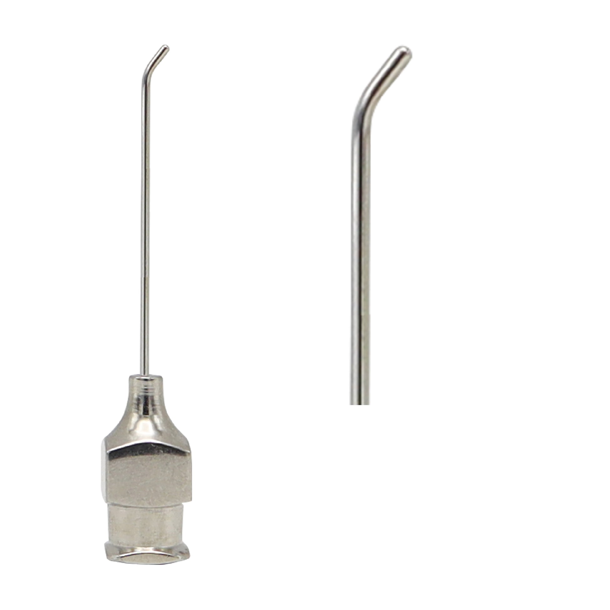 A medical lacrimal needle featuring a polished stainless steel shaft, a curved blunt olive tip for atraumatic irrigation, and a standard metal luer lock hub.
